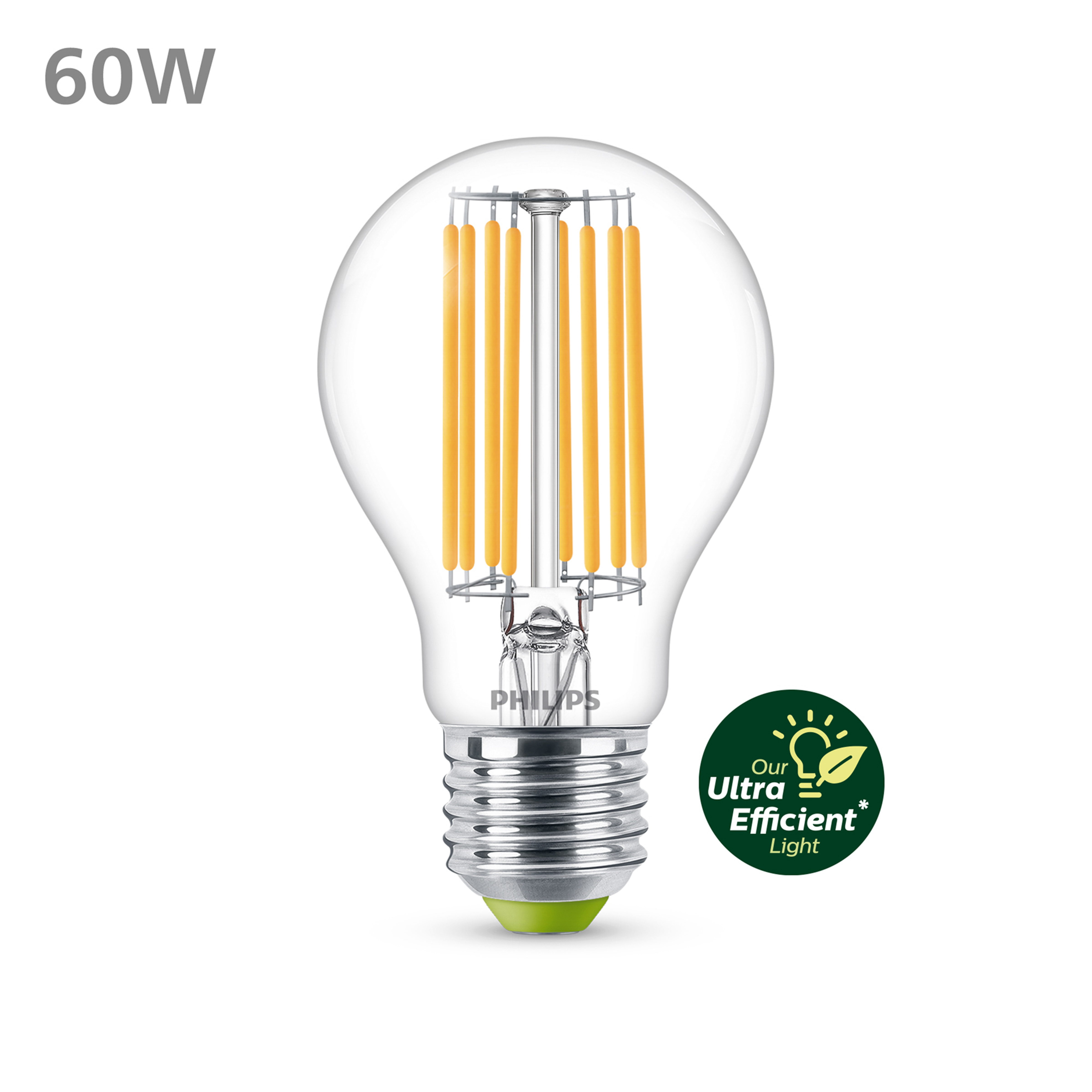 Lampadina Philips da 60W. Vetro trasparente, filamenti gialli, base verde, Ultra Efficient Light.