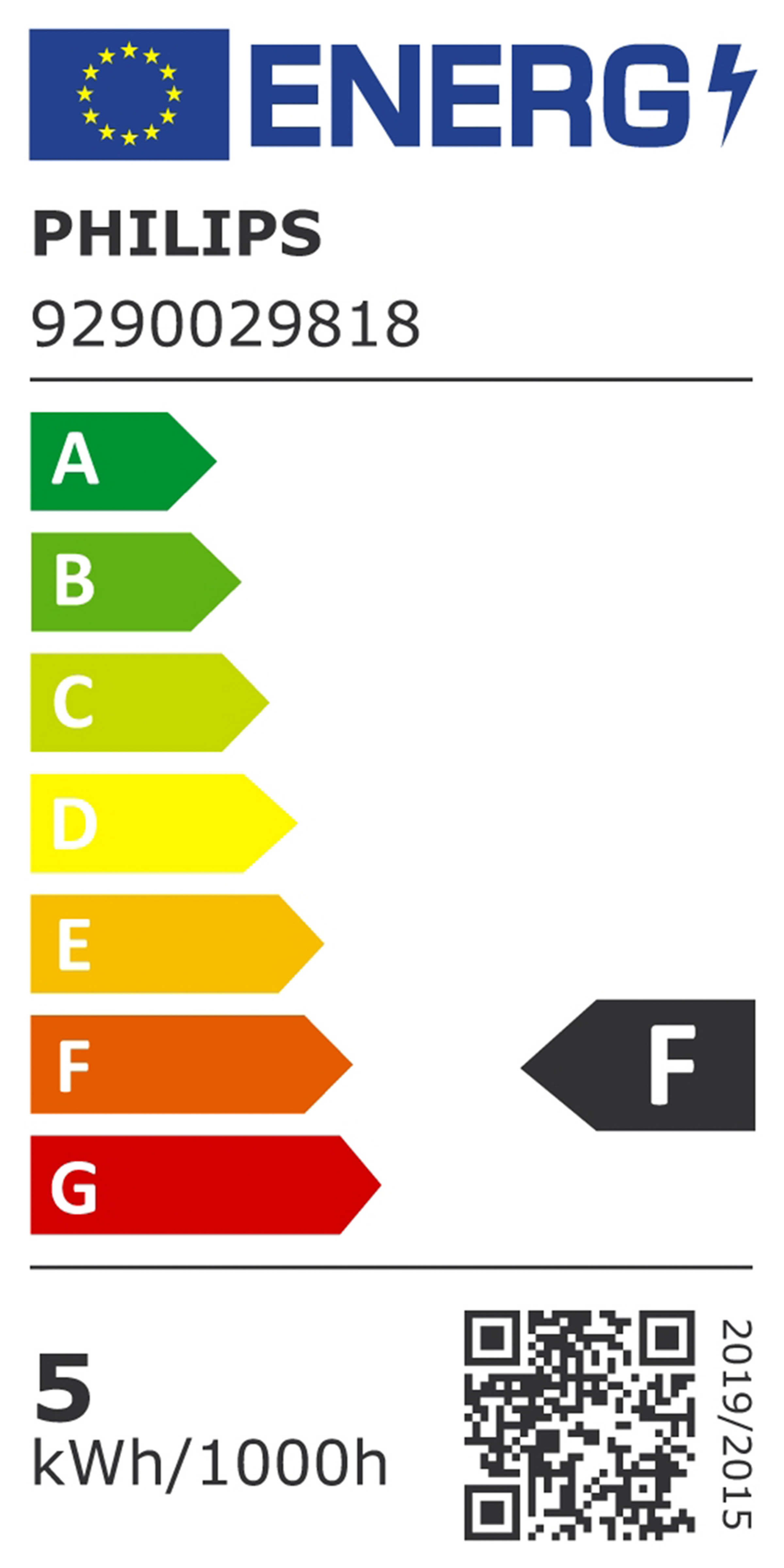 Een energielabel met de energie-efficiëntieklasse van een Philips-lamp.