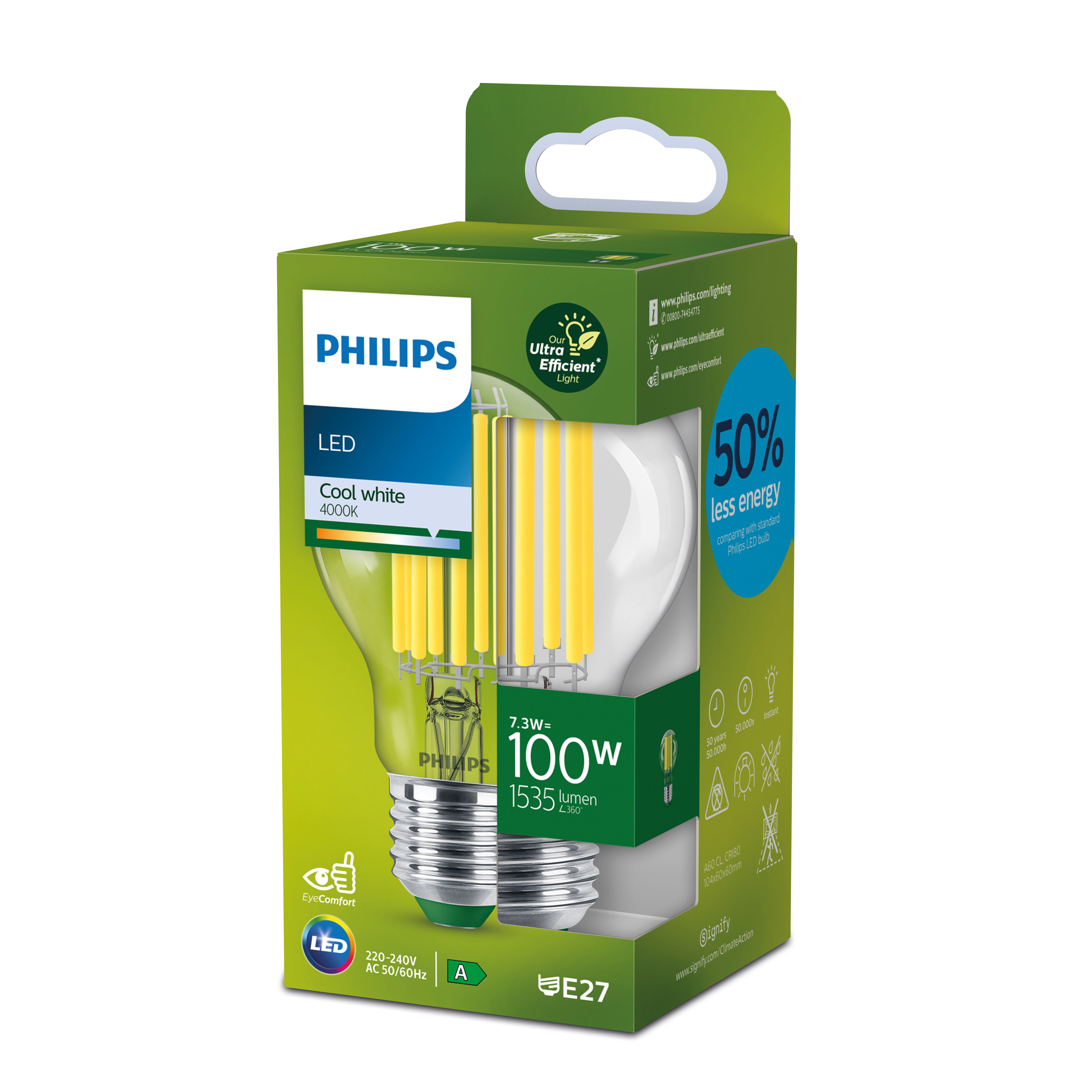 Ampoule LED Philips dans une boîte verte et blanche, détails visibles.