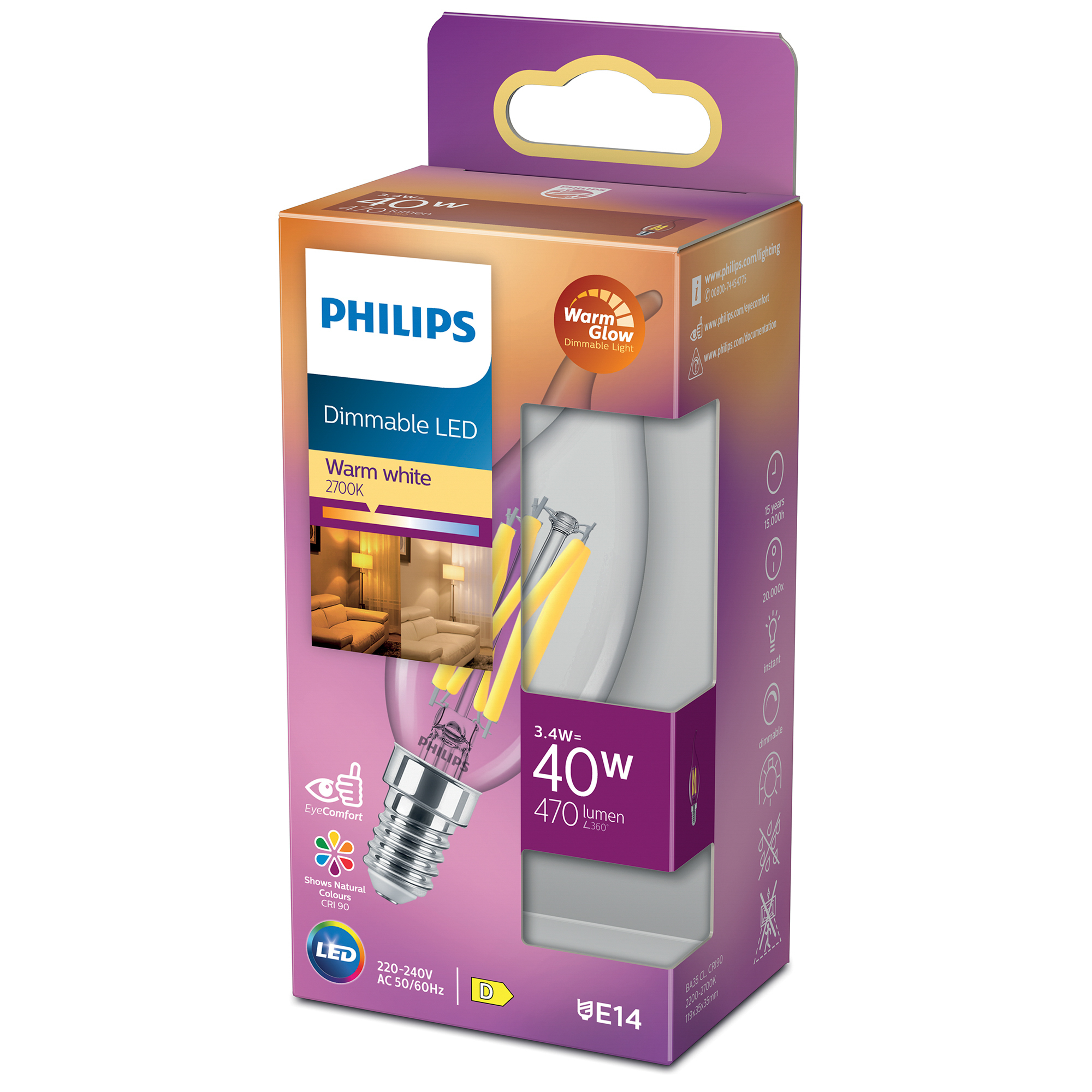 Lampadina a candela LED Philips in una scatola. Confezione viola che mostra i dettagli del prodotto.