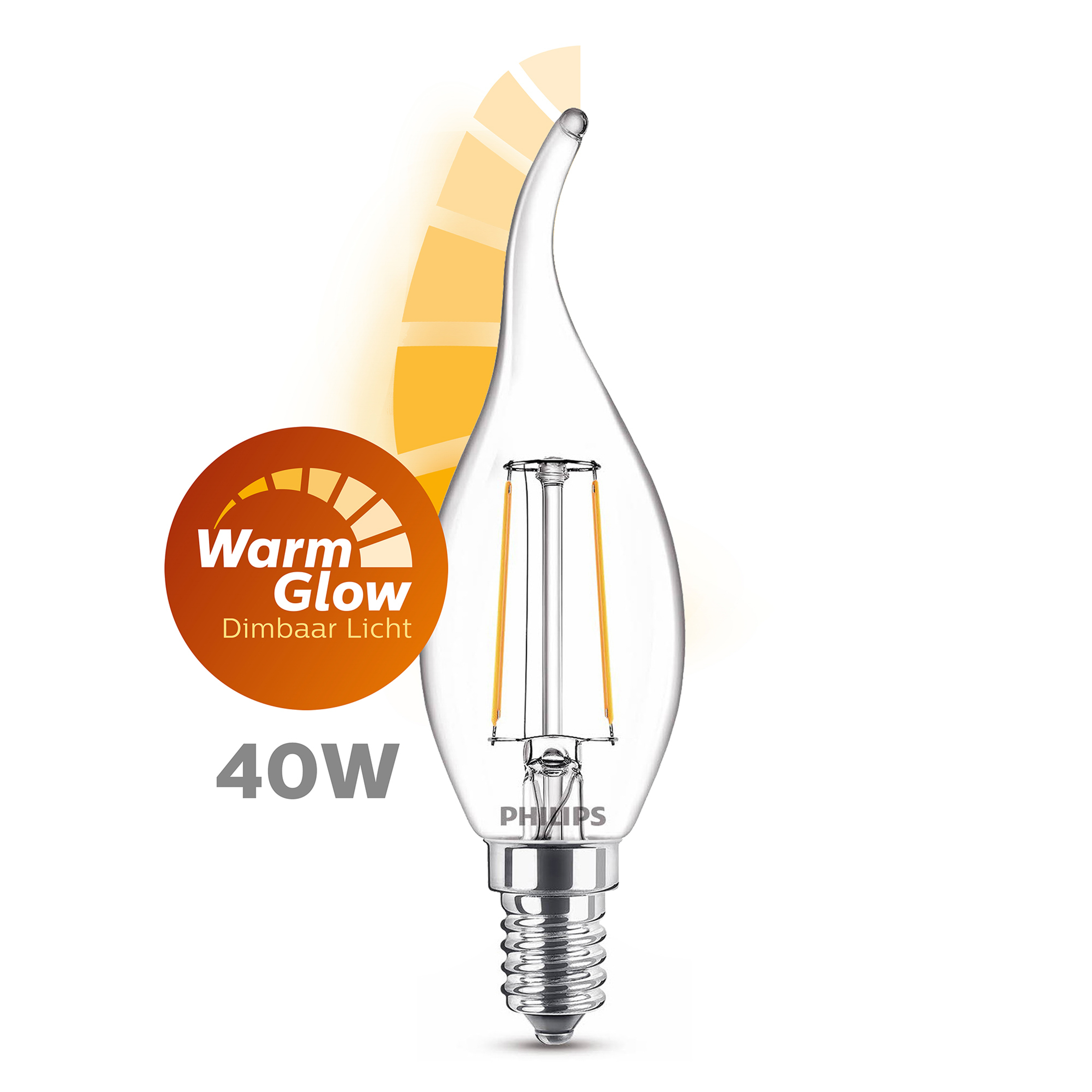 Una lampadina Philips. Ha una lampadina trasparente a forma di fiamma con filamenti gialli e base argentata.