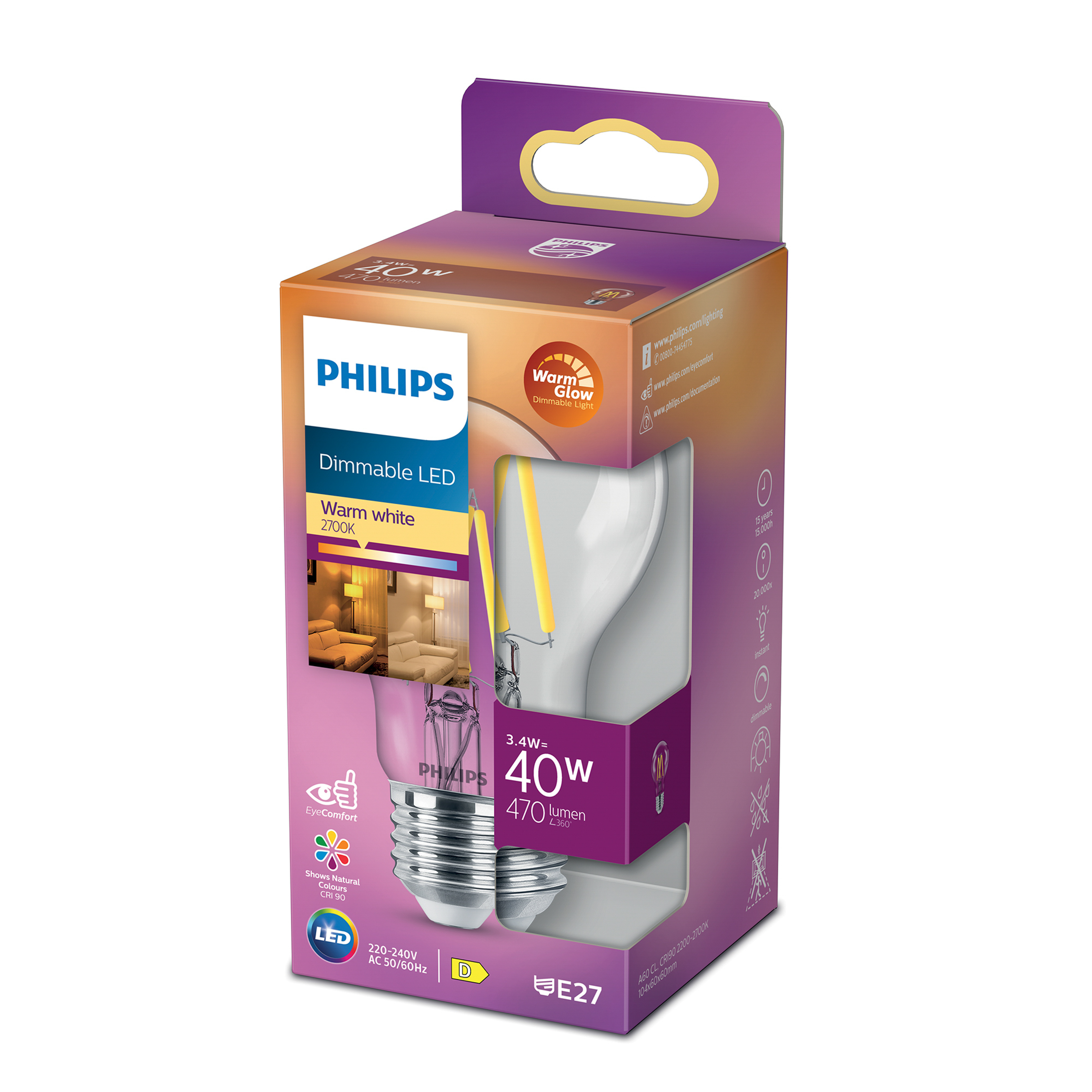 Confezione lampadina LED Philips. LED dimmerabile, luce bianca calda. Una lampadina in una scatola viola.