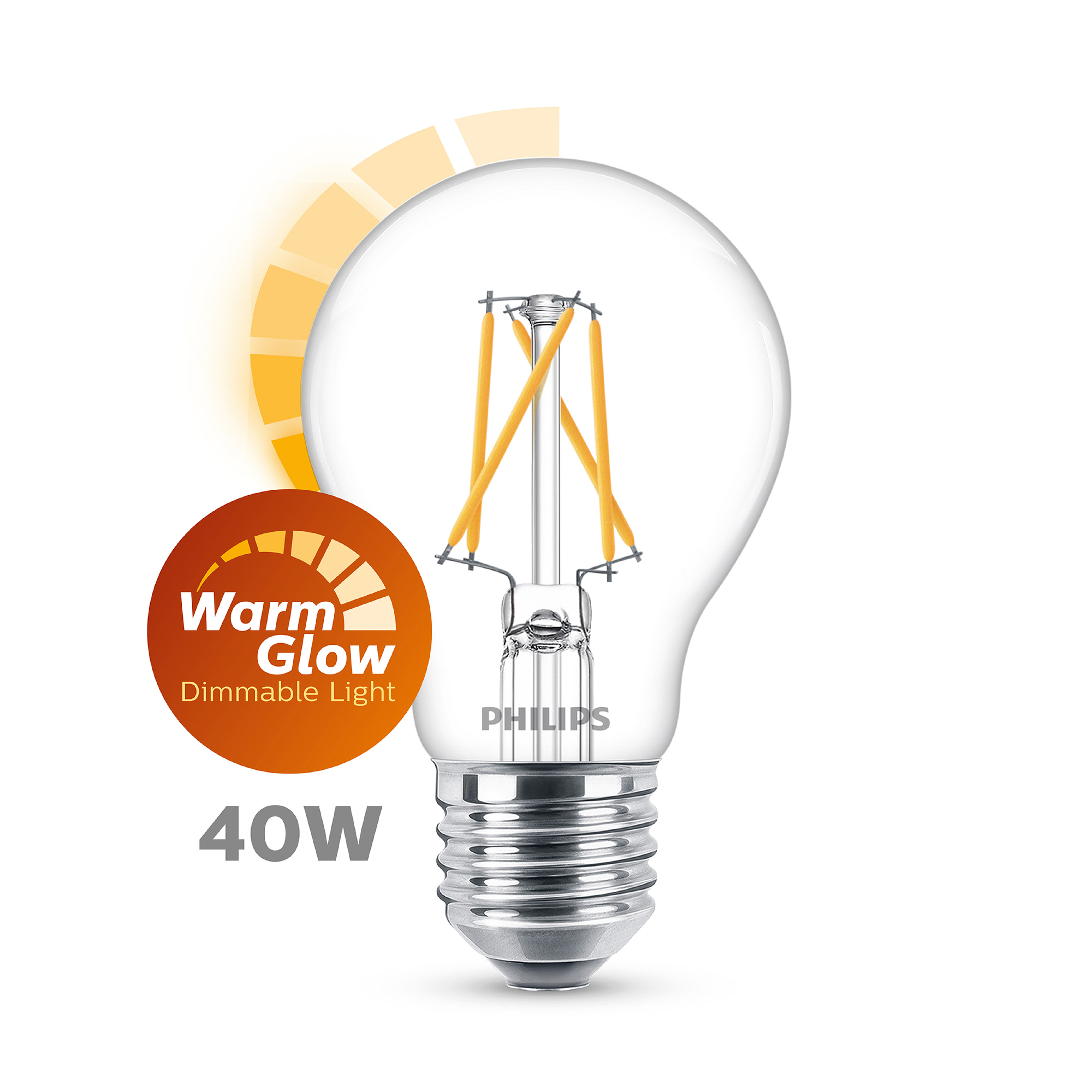 Una lampadina LED Philips con effetto luce calda. È da 40W e ha un'icona dimmer.