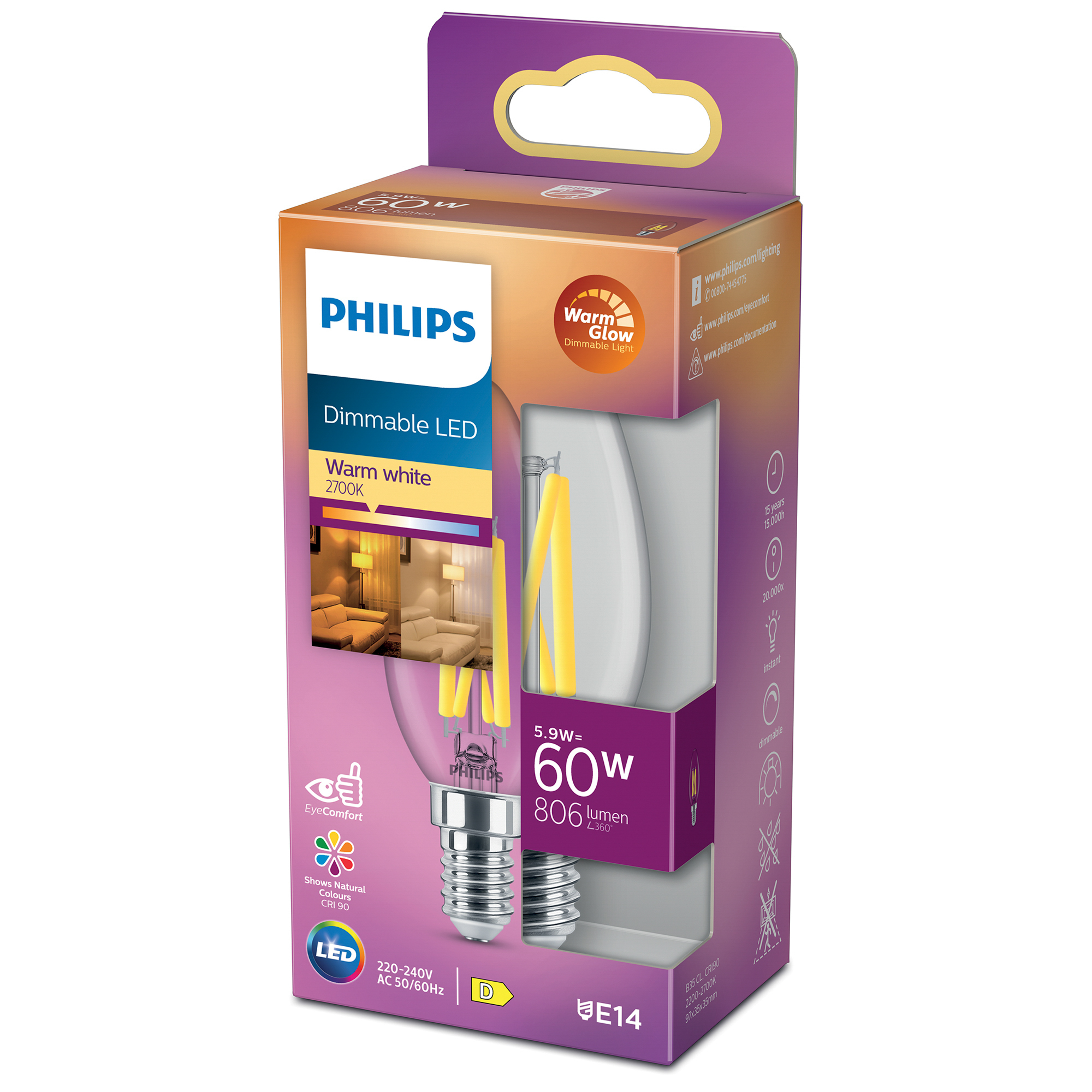 Una lampadina LED Philips in una scatola. La scatola ha un'etichetta LED dimmerabile.