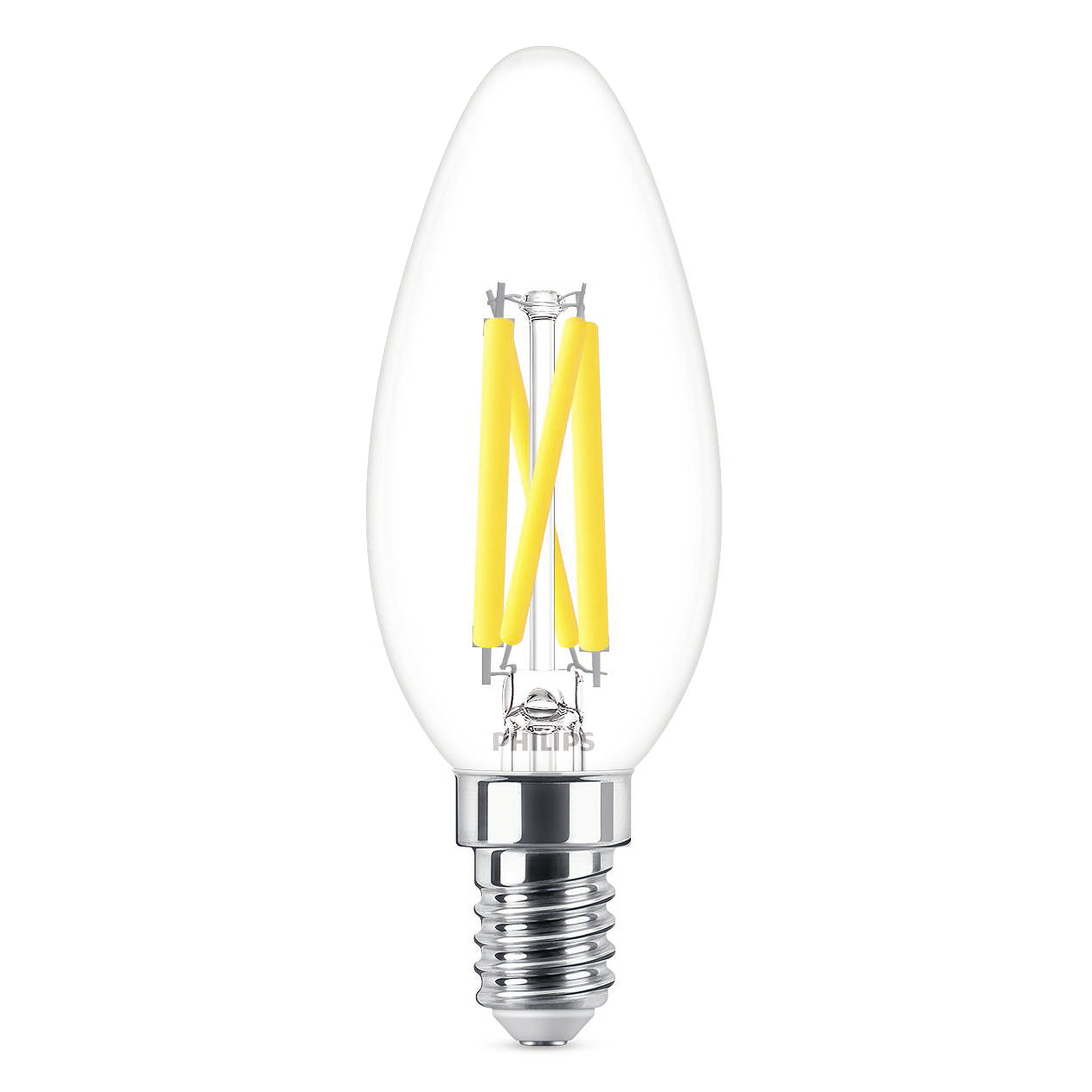 Una lampadina a candela LED Philips. È in vetro trasparente con filamenti gialli.