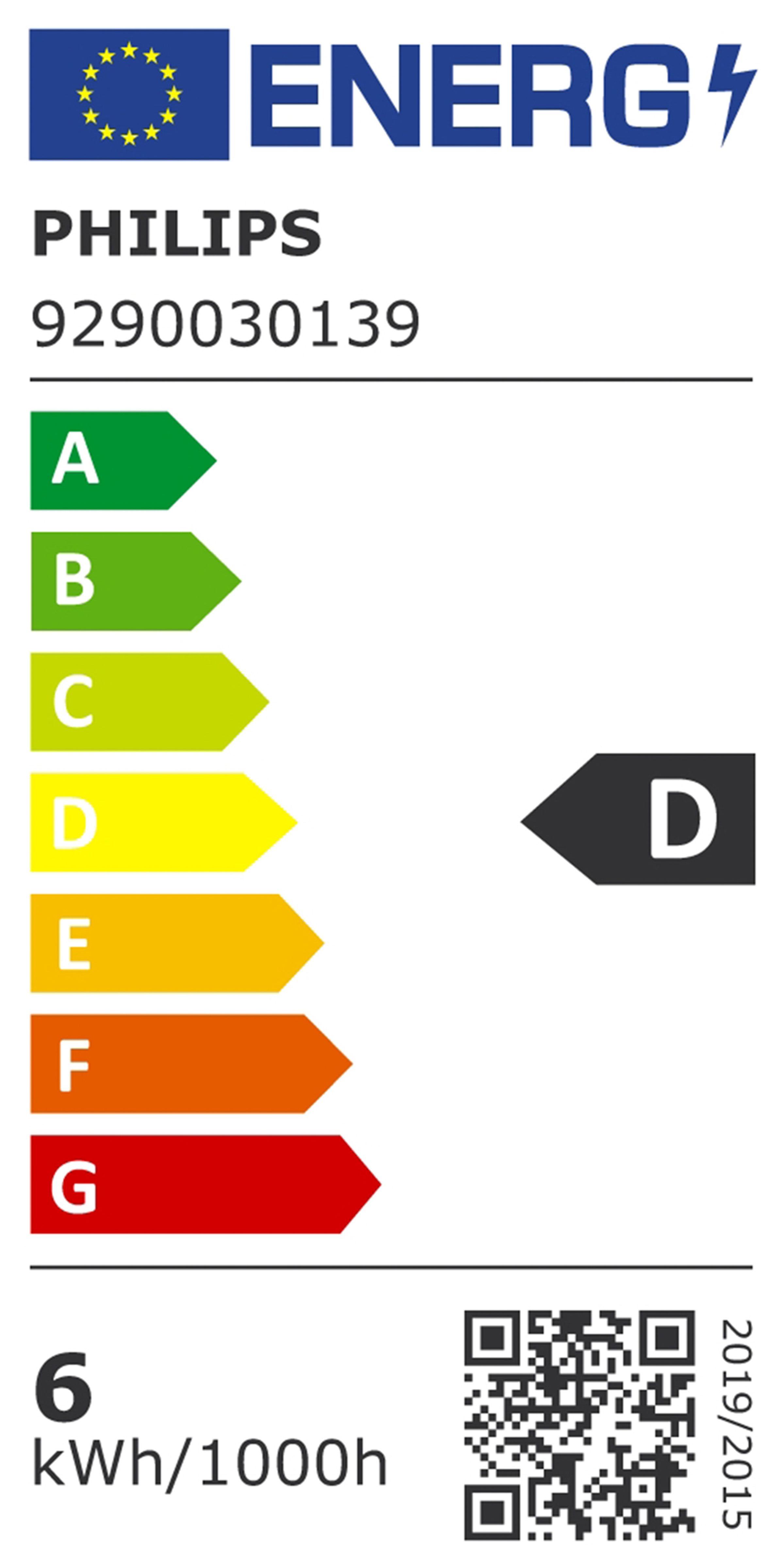 Etichetta energetica per una lampadina Philips. Mostra la classe di efficienza energetica.