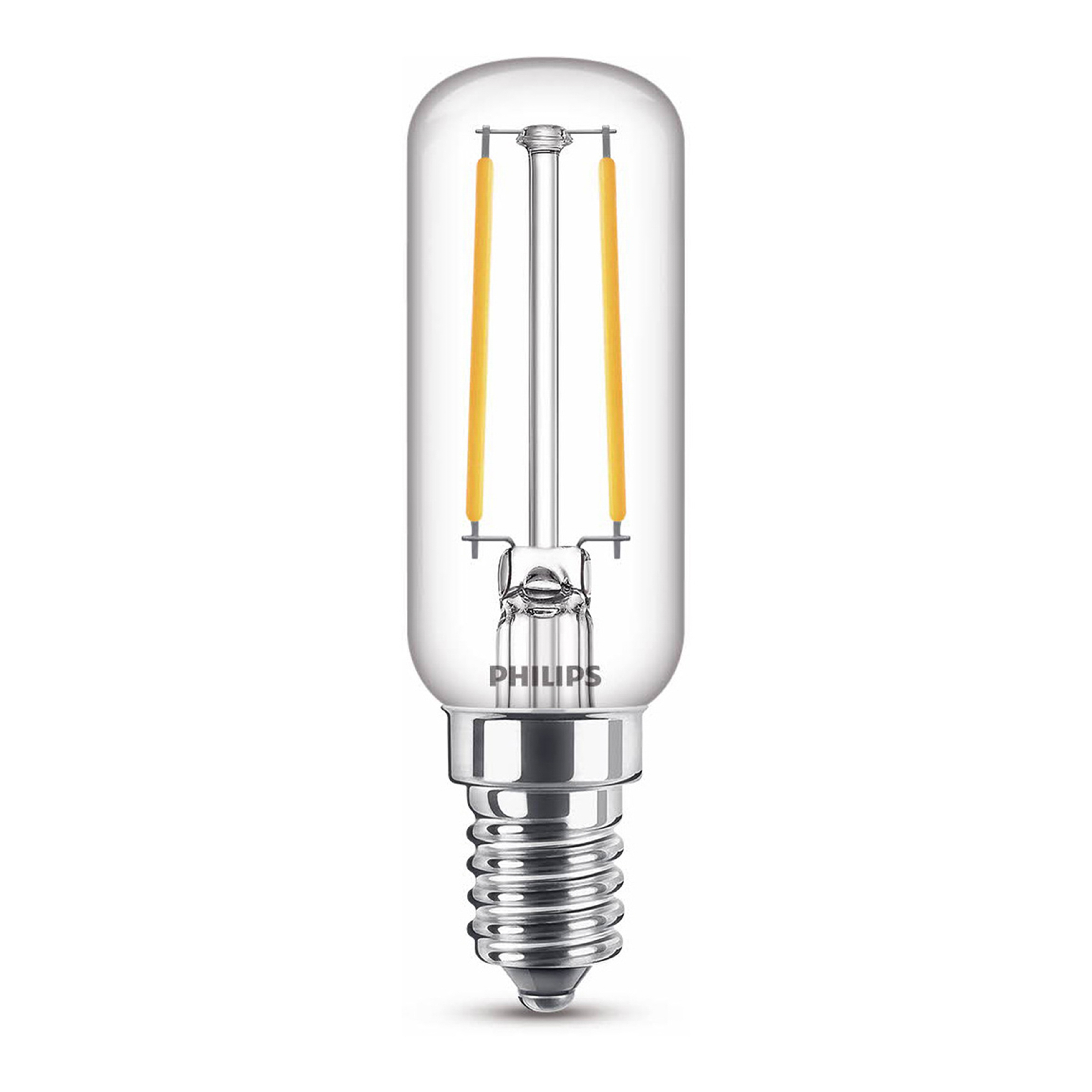Transparante gloeilamp met twee gele filamenten en een zilveren voet.