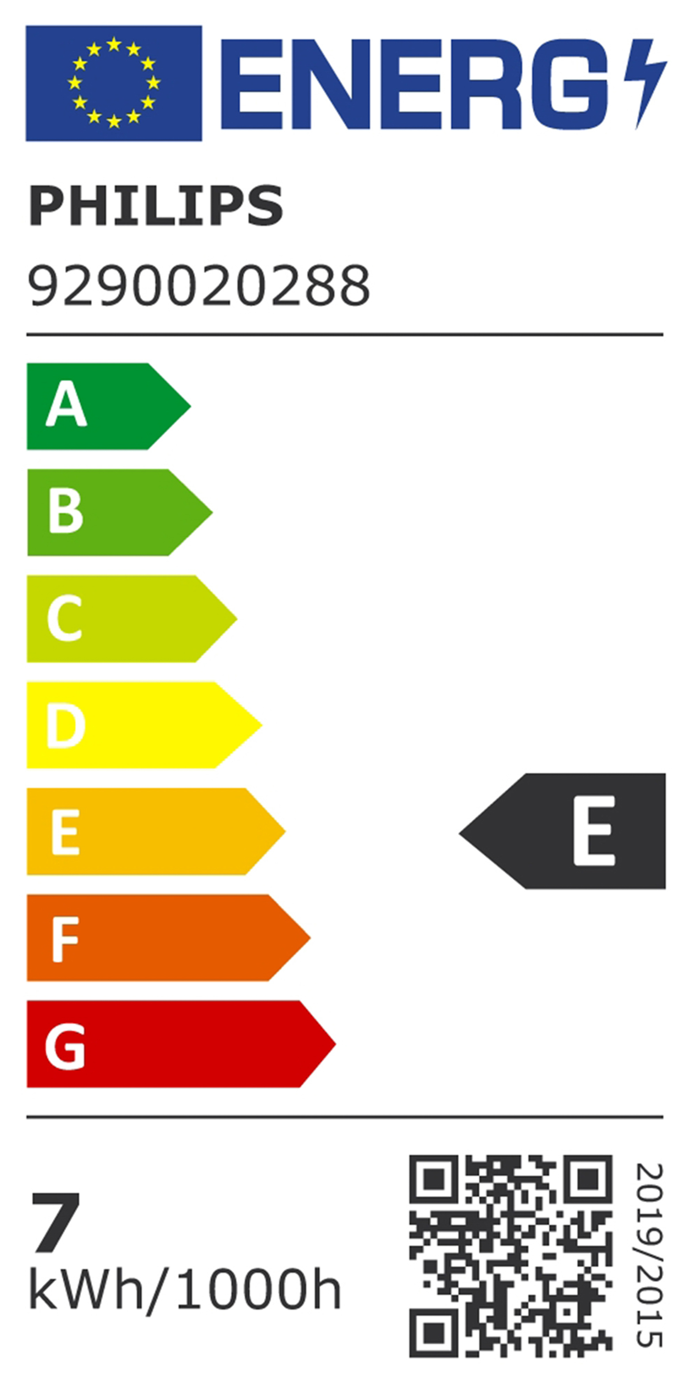 Étiquette énergétique avec la marque Philips. Classe énergétique E.