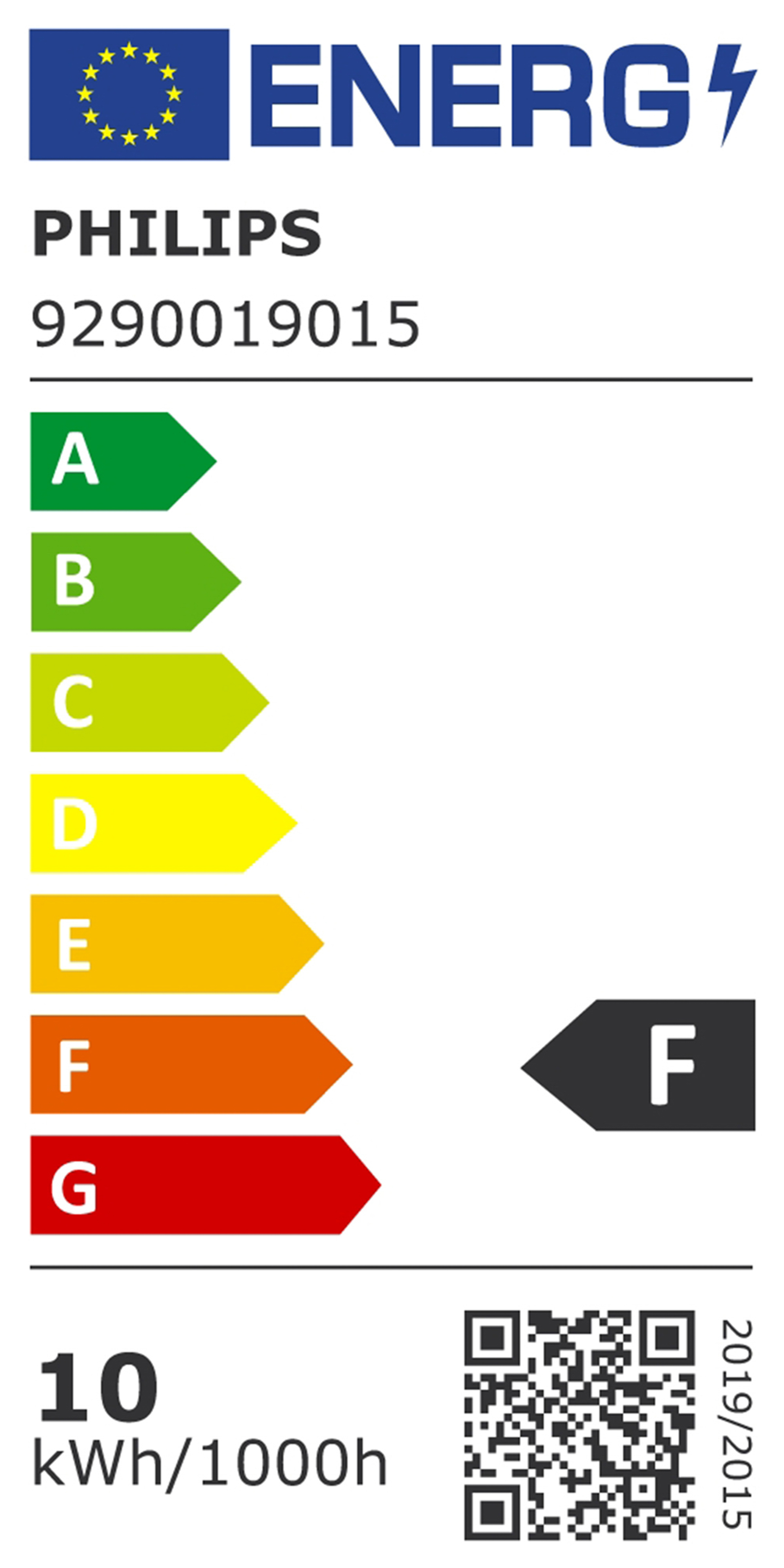 Etykieta energetyczna dla żarówki Philips, z informacjami o efektywności energetycznej i kodem QR.