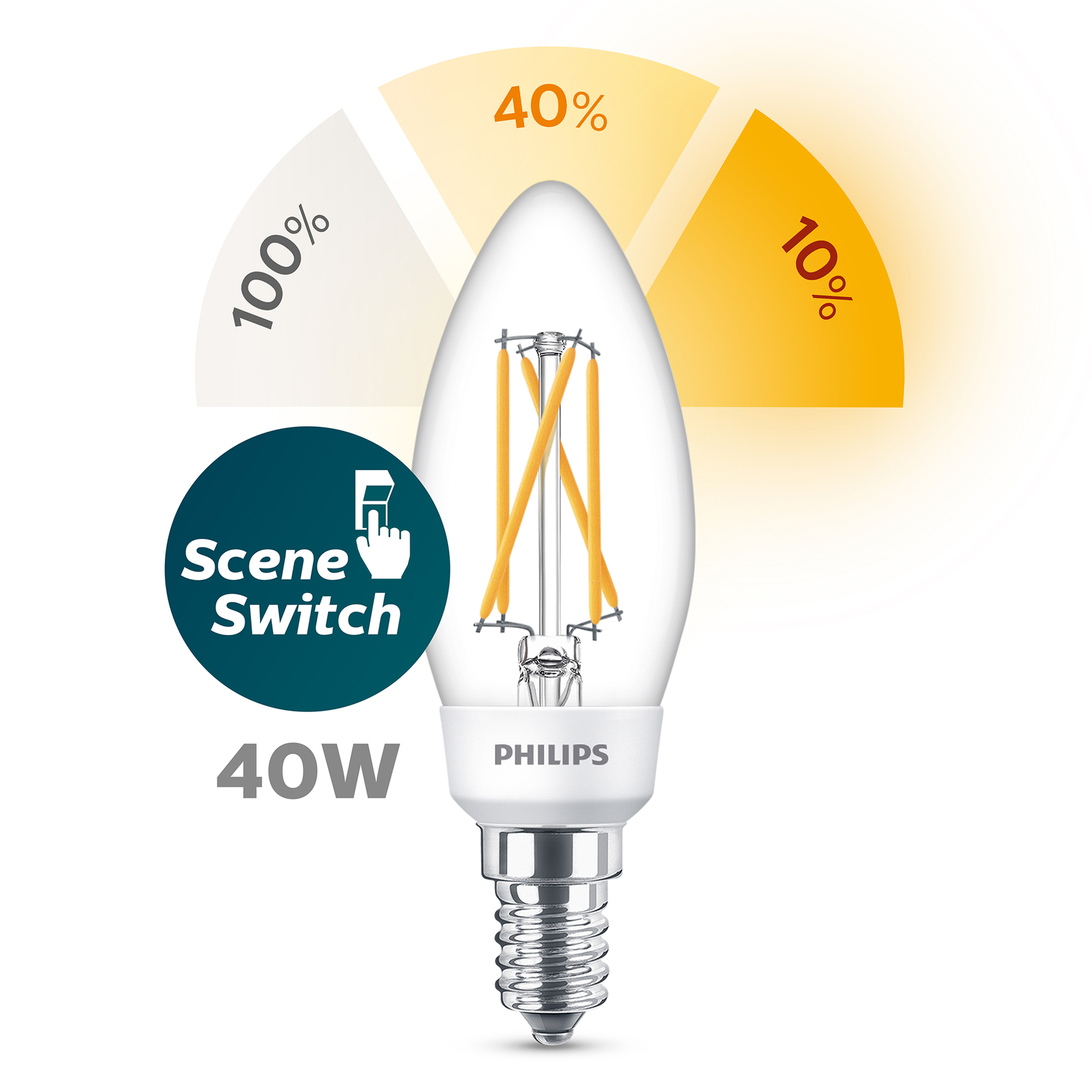 Żarówka LED Philips z funkcją zmiany sceny. Ma 40W i ikonę ściemniacza.