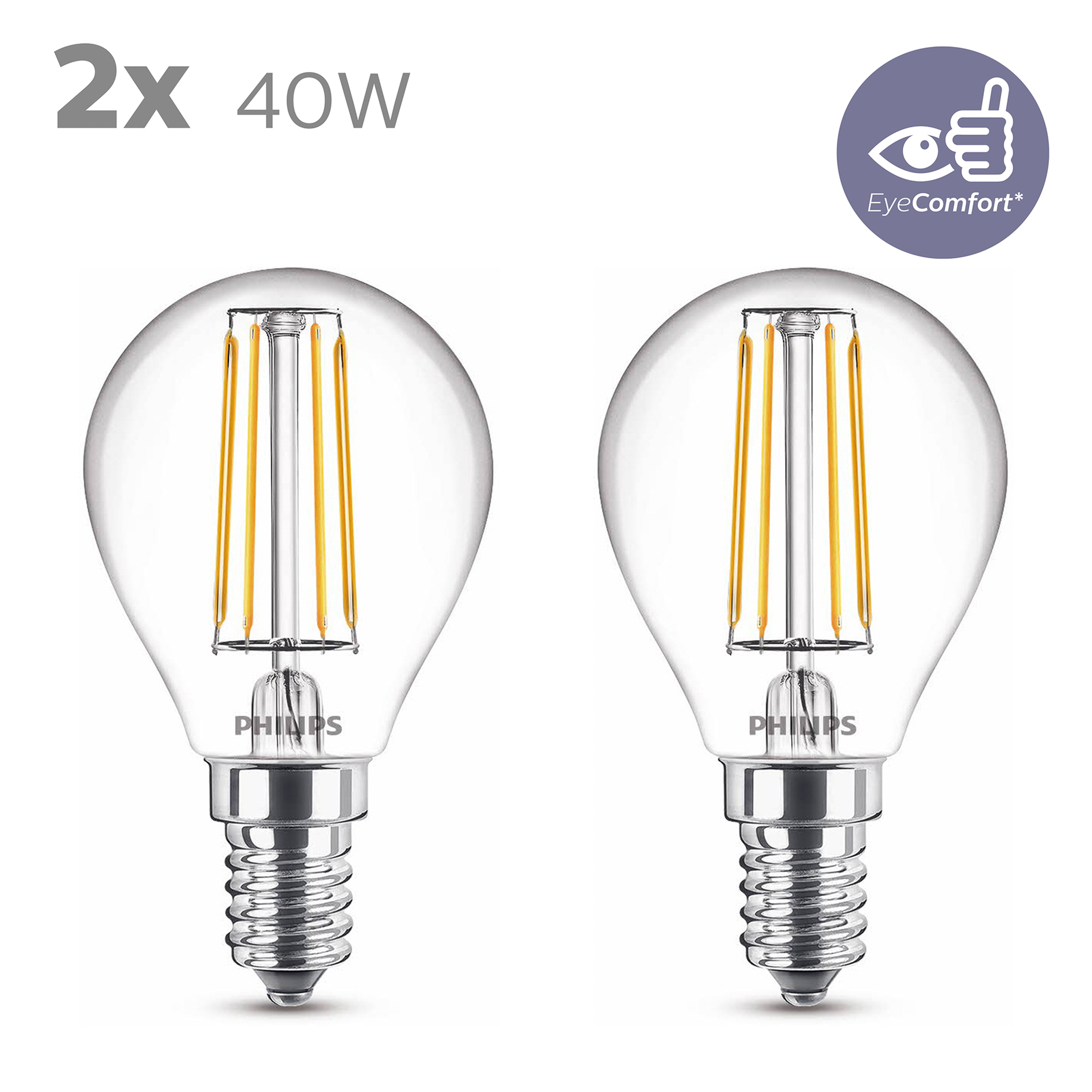 Deux ampoules en verre transparent avec filaments jaunes, fond blanc.