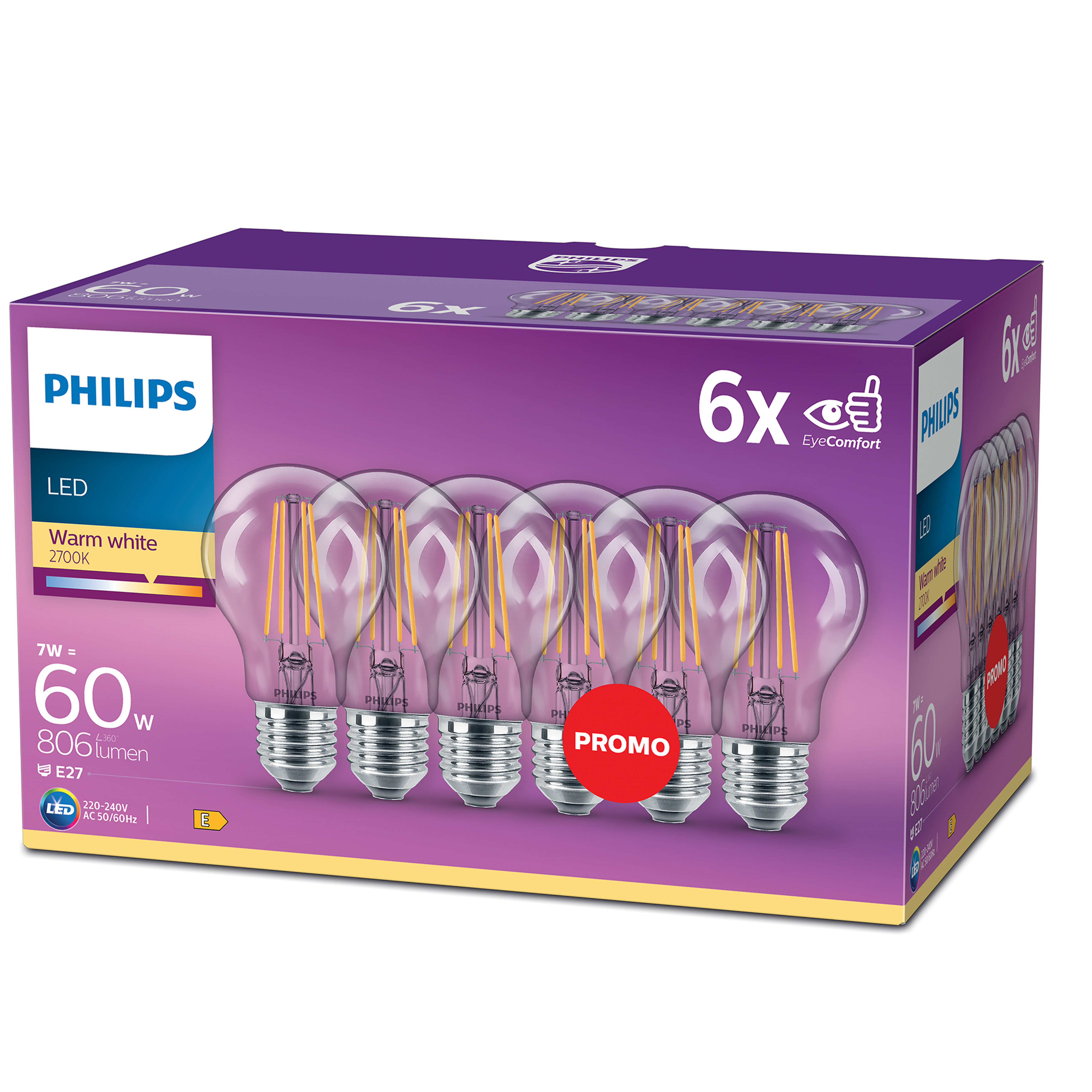 Een doos Philips LED lampen, zes lampen zichtbaar, met een paarse achtergrond.