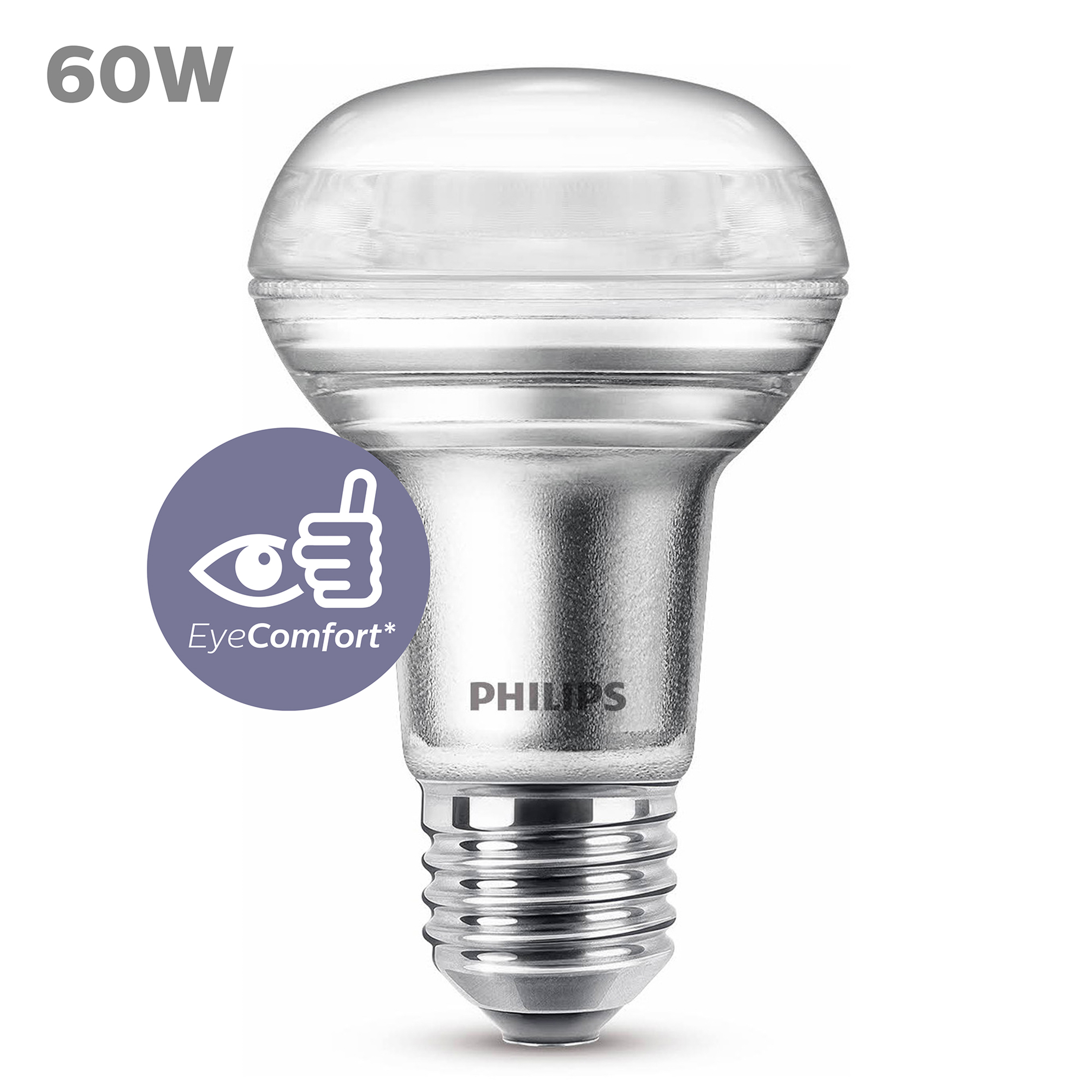 Eine Philips Spotlight-Glühbirne mit EyeComfort-Logo, silbernem Sockel und weißem Hintergrund.