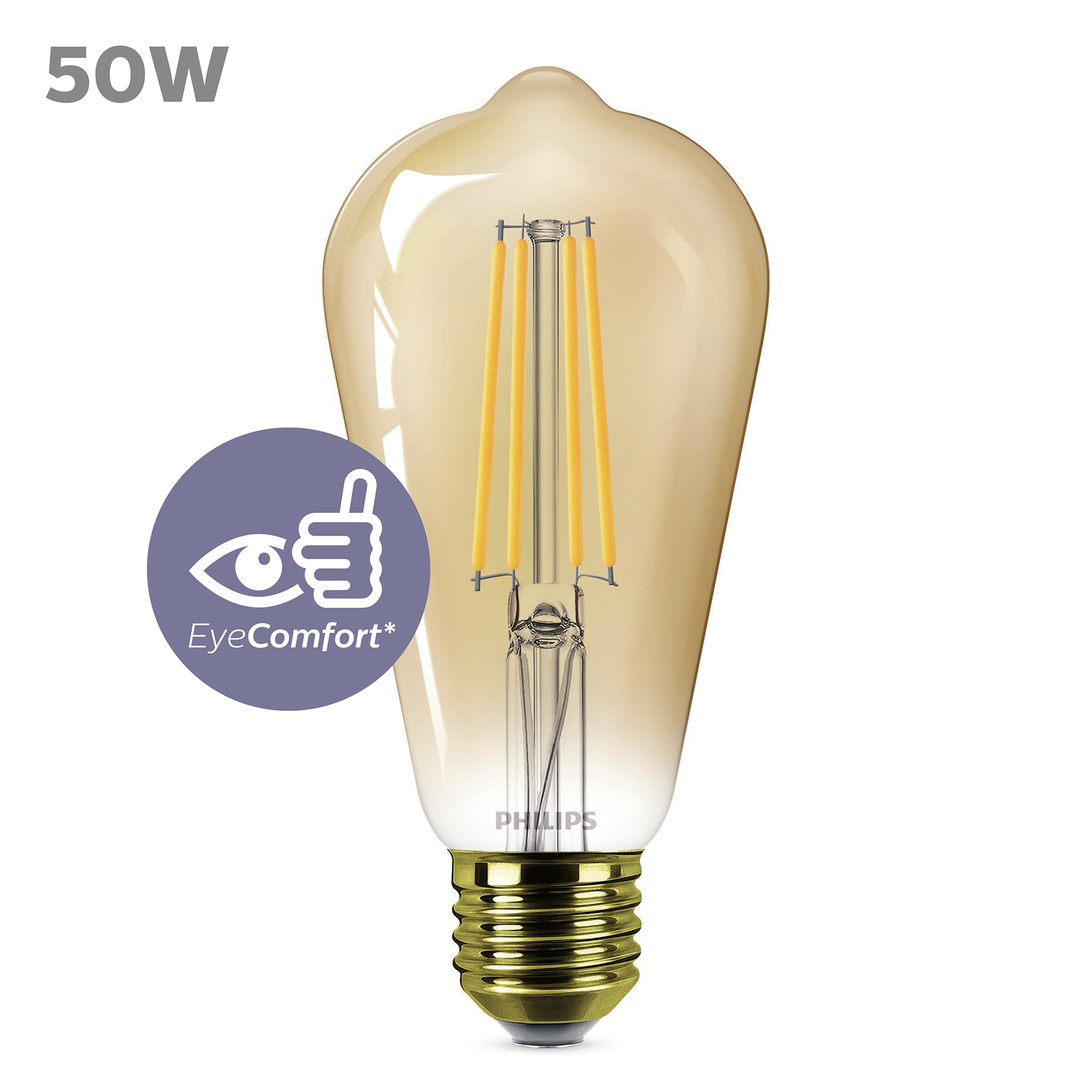 Une ampoule LED Philips de couleur ambre avec des filaments visibles. Un logo EyeComfort sur la gauche.