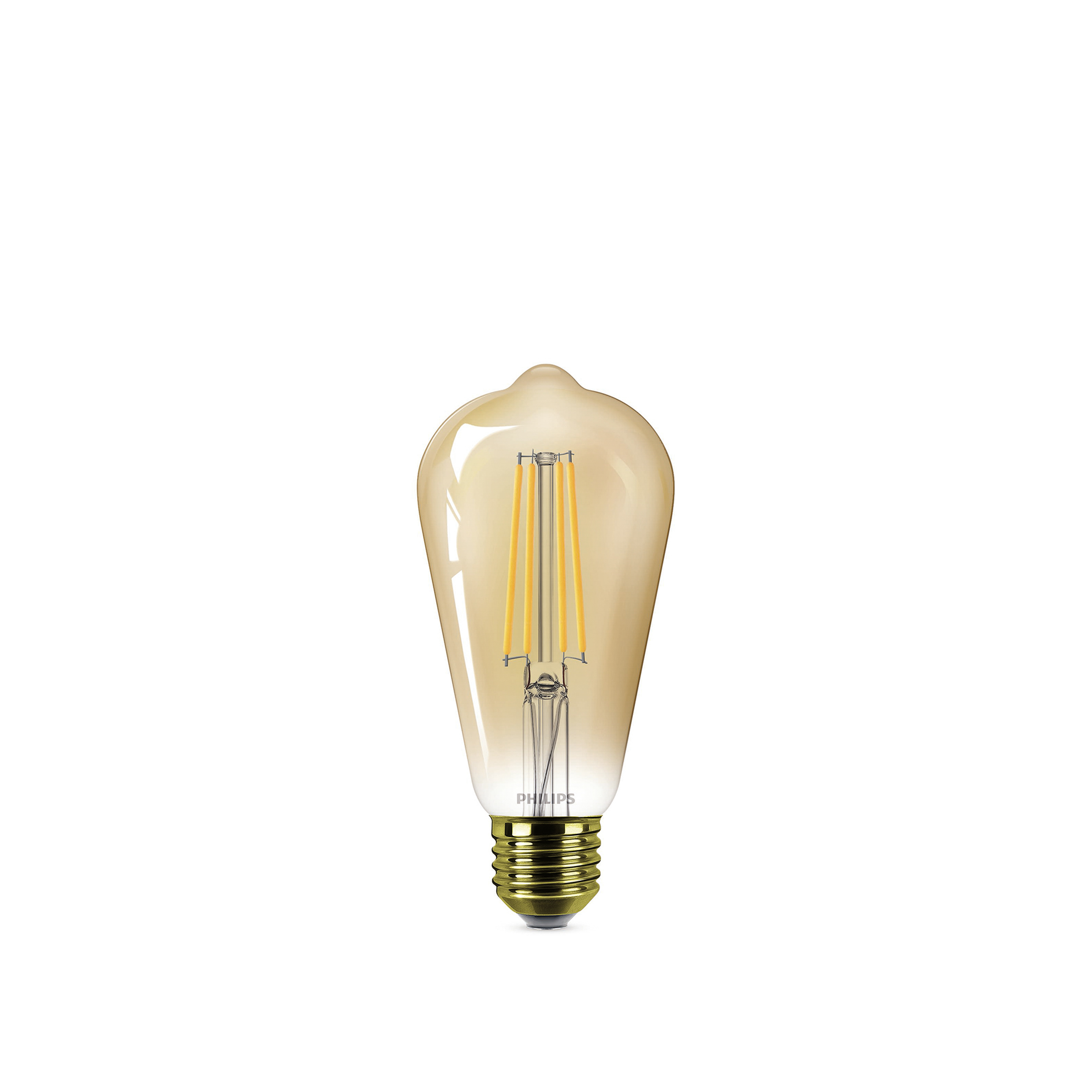 Une ampoule Philips avec une base dorée et un verre ambré.