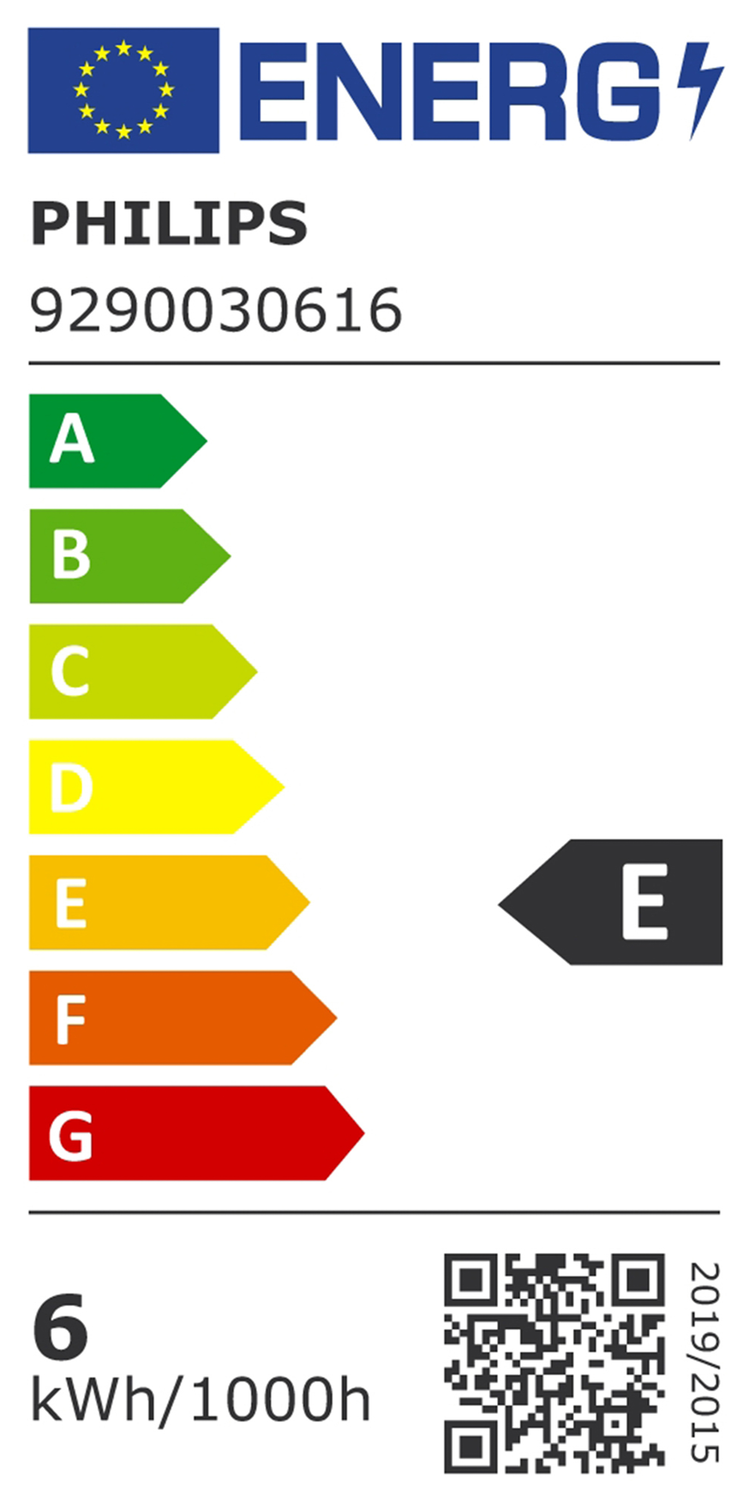 Une étiquette énergétique indiquant la classe d'efficacité énergétique de l'ampoule Philips. La classification est E, sur une échelle de A à G.