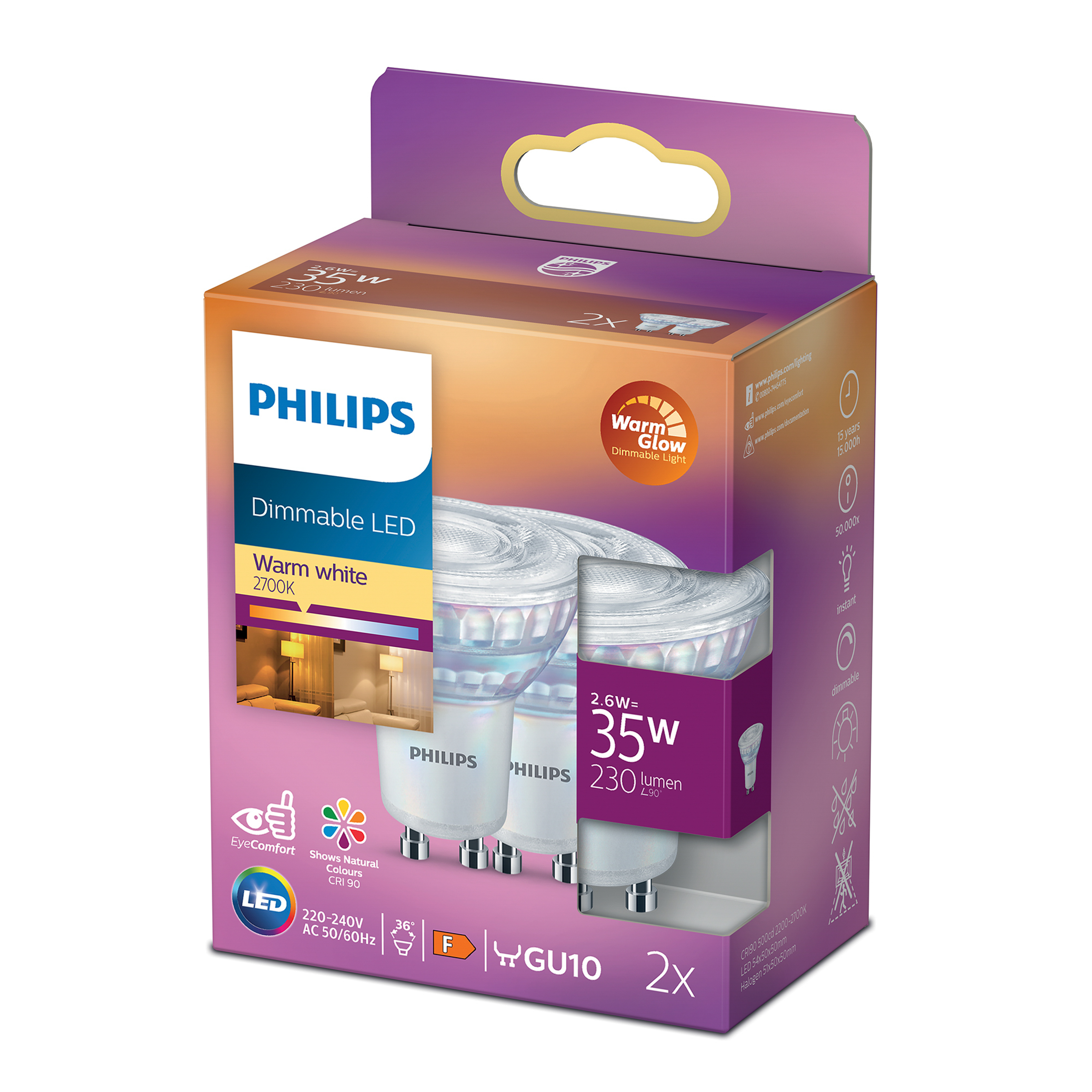 Una lampadina LED Philips in una scatola. La scatola ha un'etichetta LED dimmerabile.