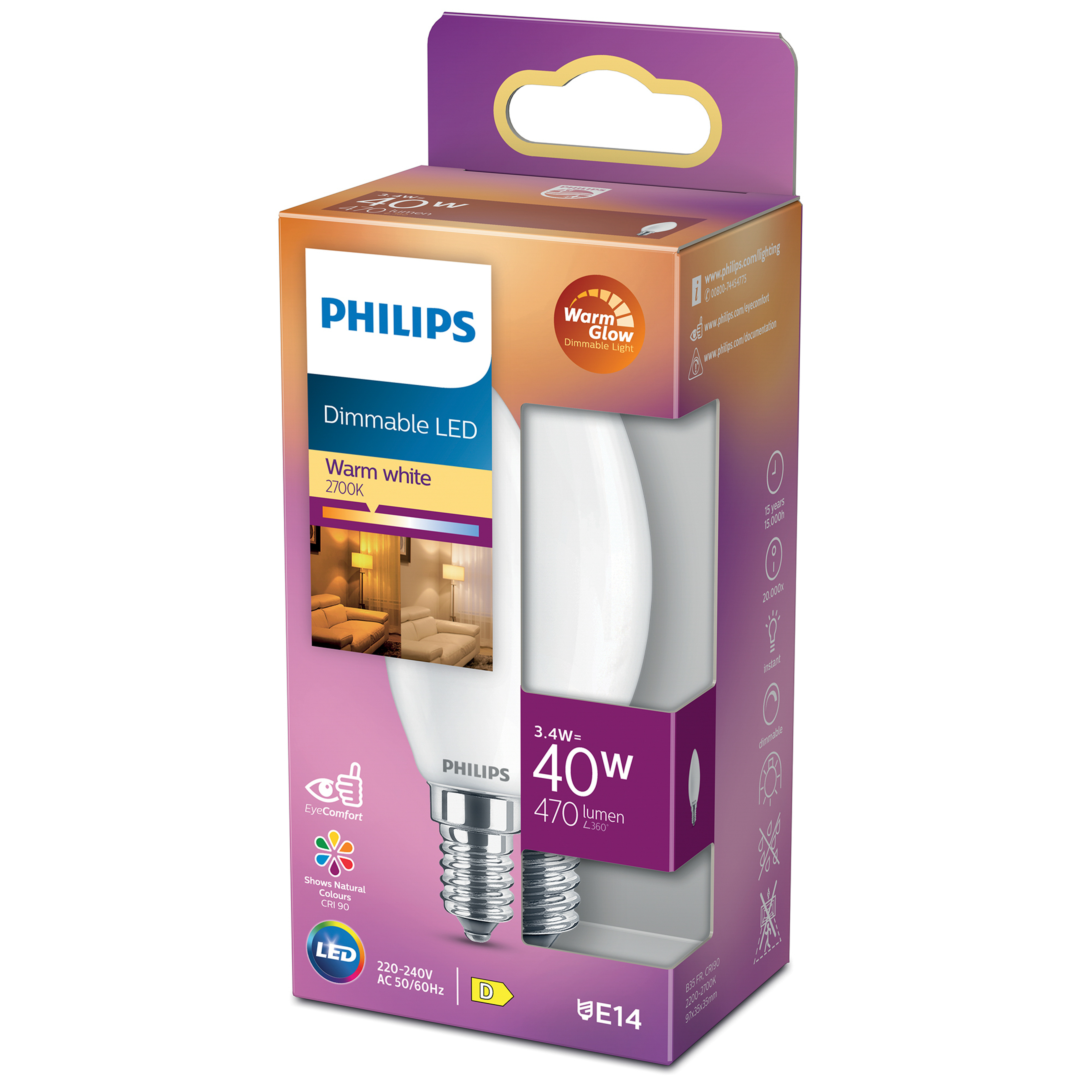 Scatola della lampadina Philips, luce bianca, etichettata come LED dimmerabile, con un bagliore bianco caldo.