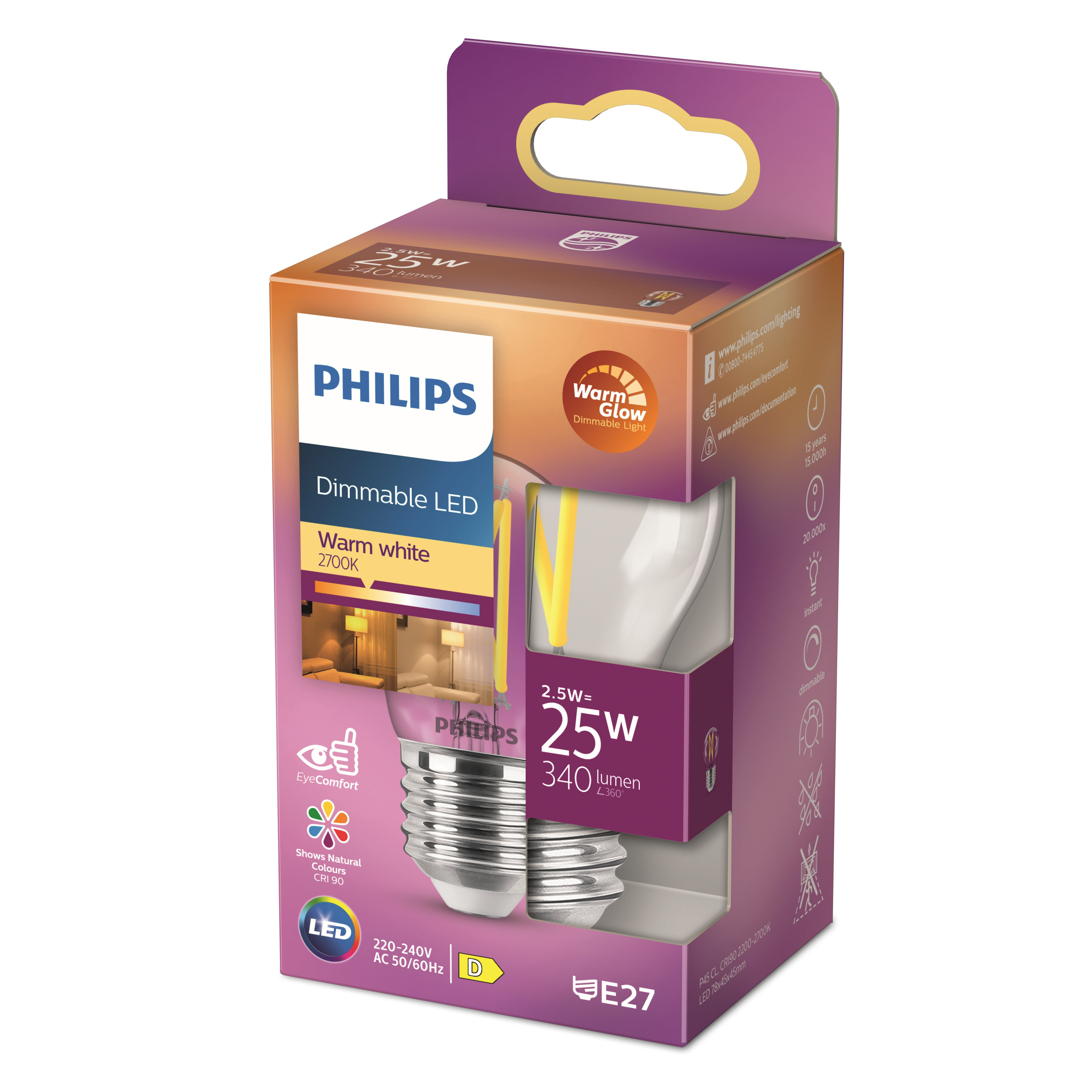 Scatola di lampadine Philips Dimmable LED bianco caldo. La scatola mostra la lampadina e le sue specifiche.