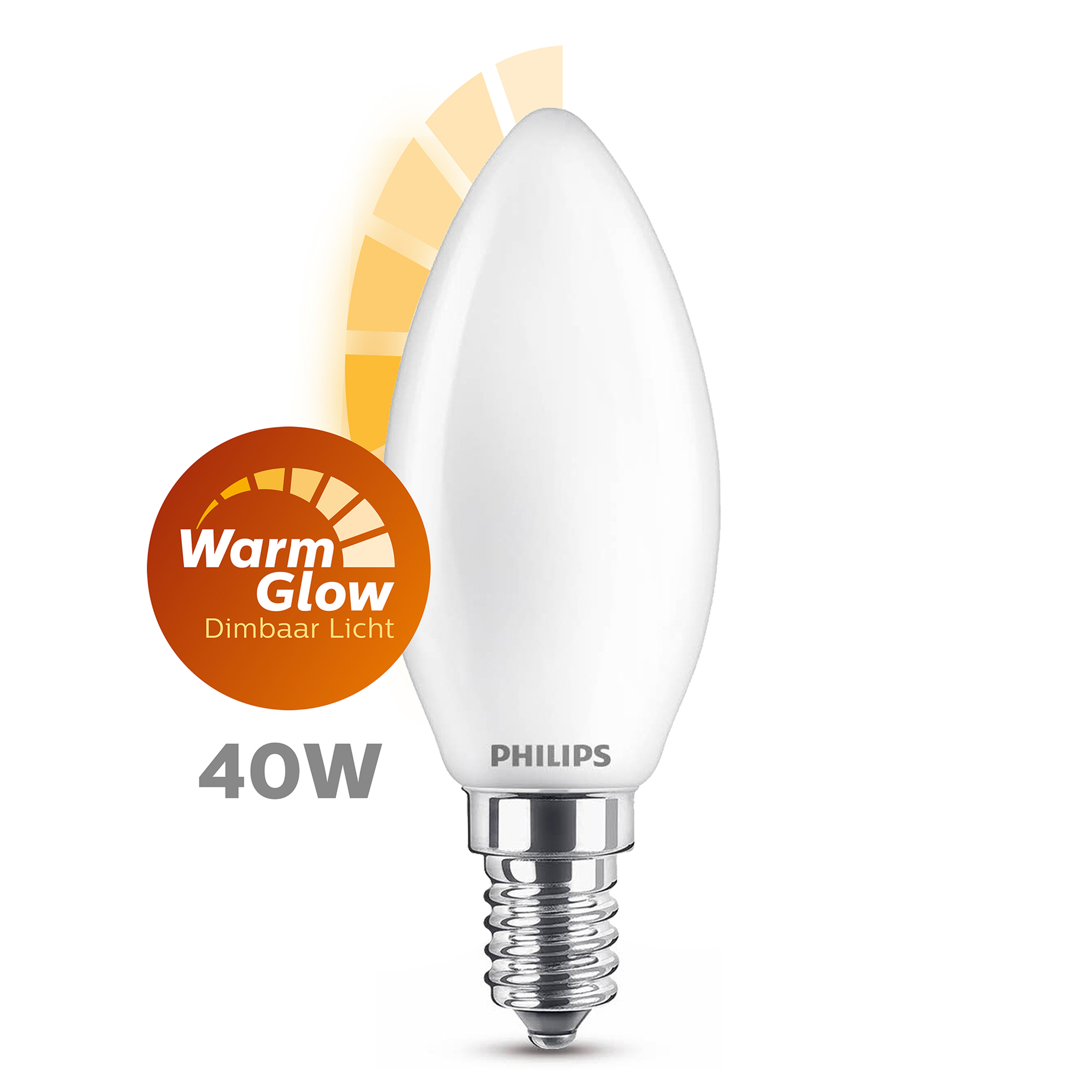 Lampadina bianca con logo Warm Glow e testo 40W e Philips.