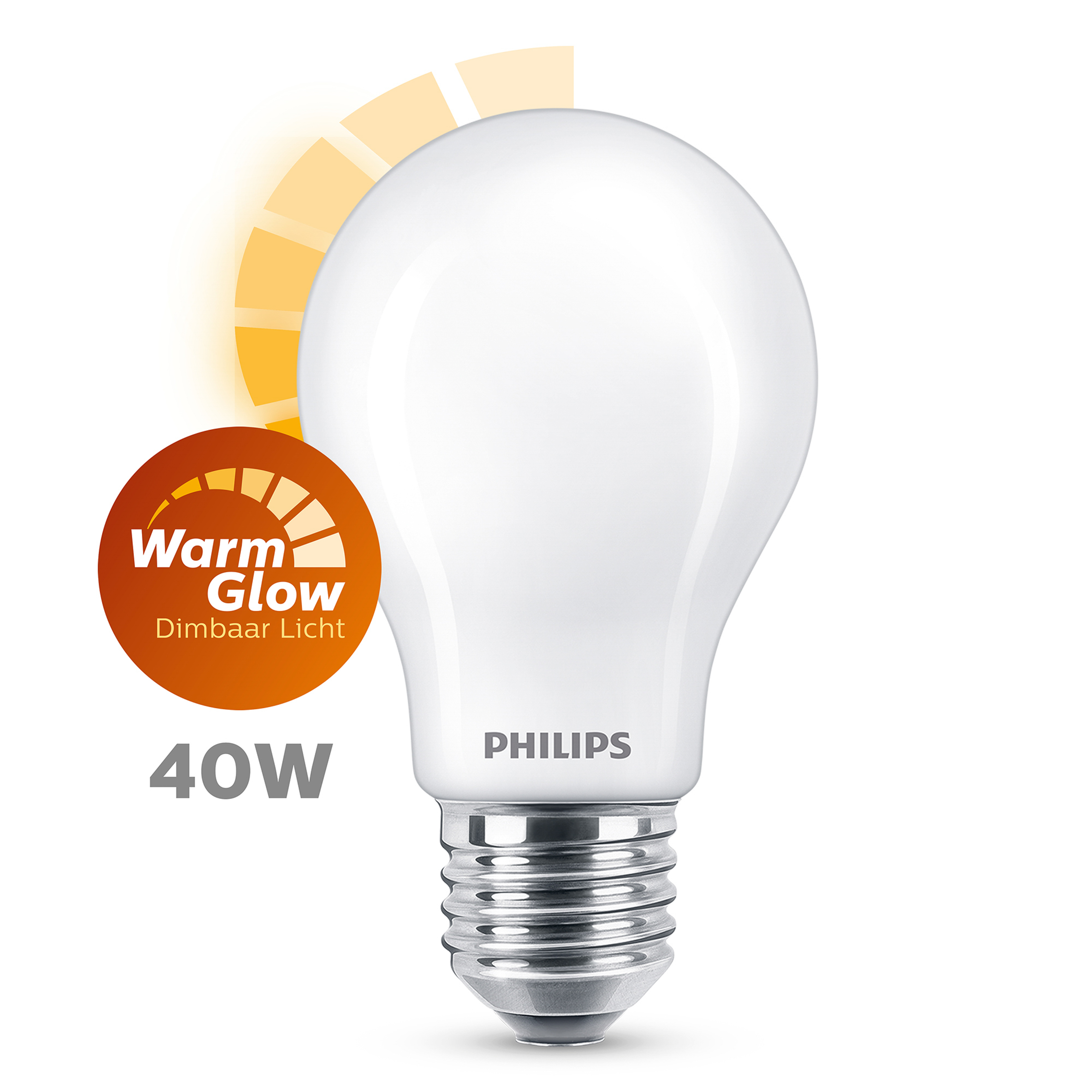 Philips warm glow light bulb. White bulb with a silver base, and a warm glow indicator.