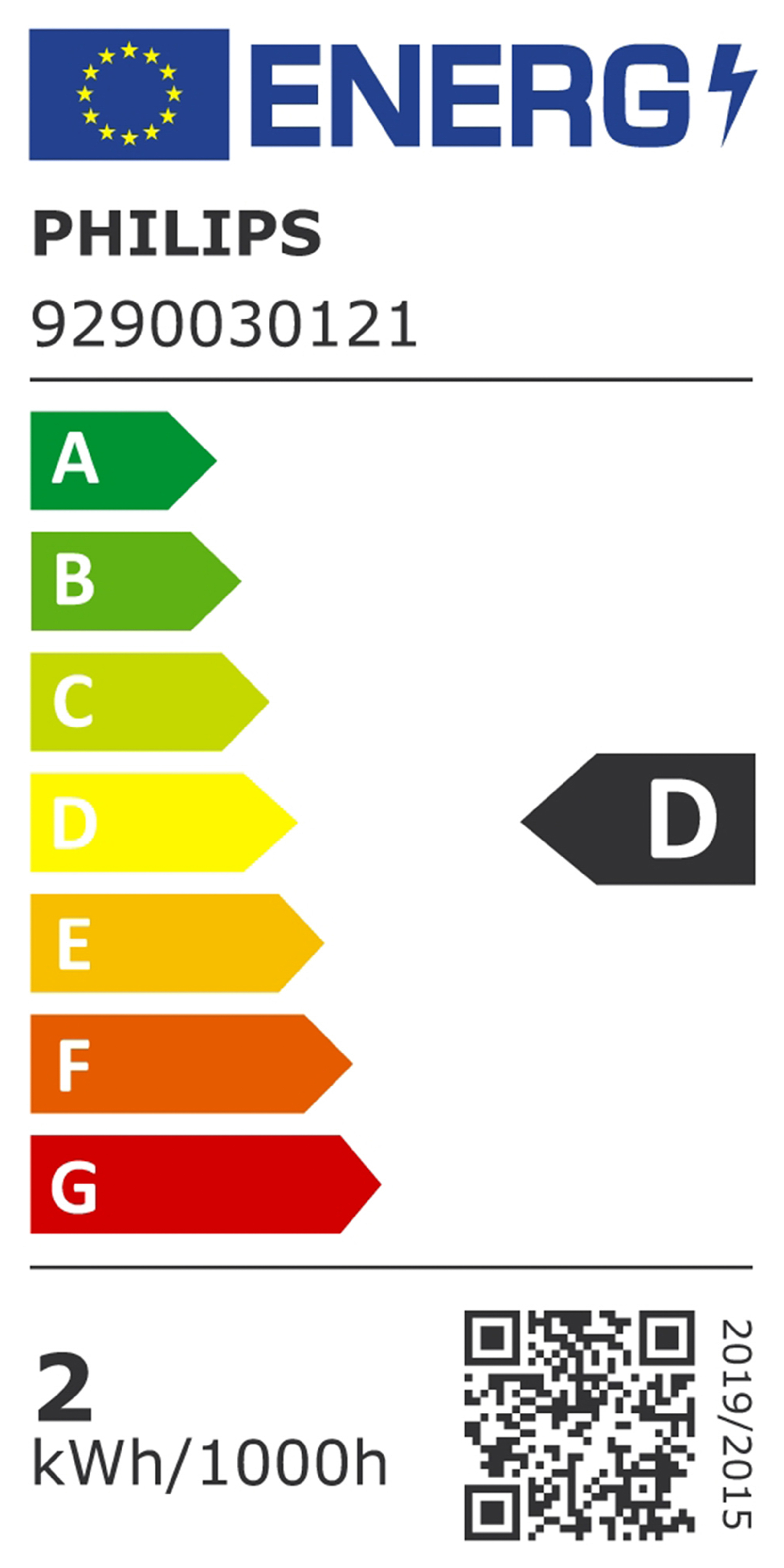 Etichetta energetica Philips, gradi da A a G, D evidenziato.