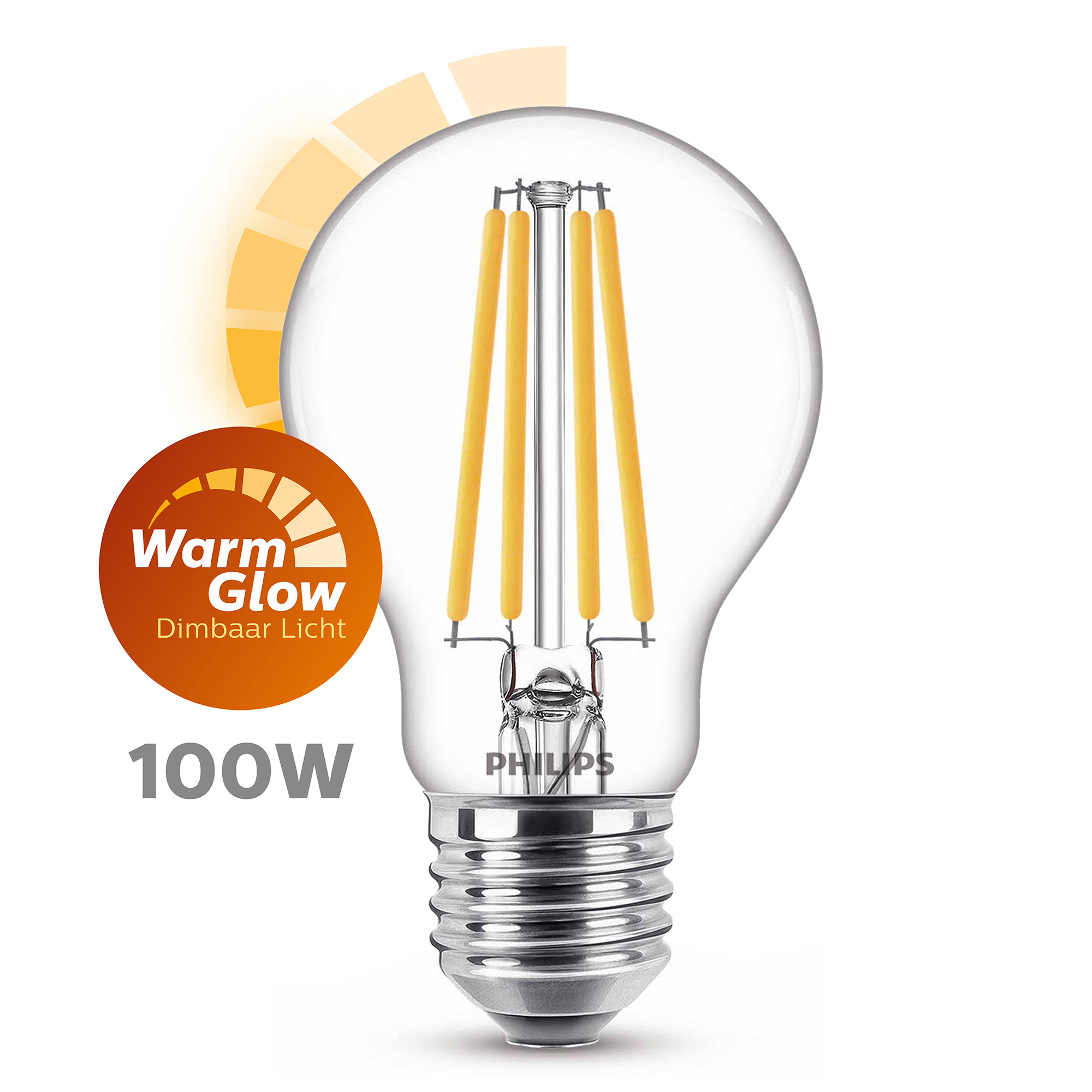 Eine Philips-Glühbirne mit gelbem Schein. Sie hat eine klare Glühbirne und Text, der 100W anzeigt.