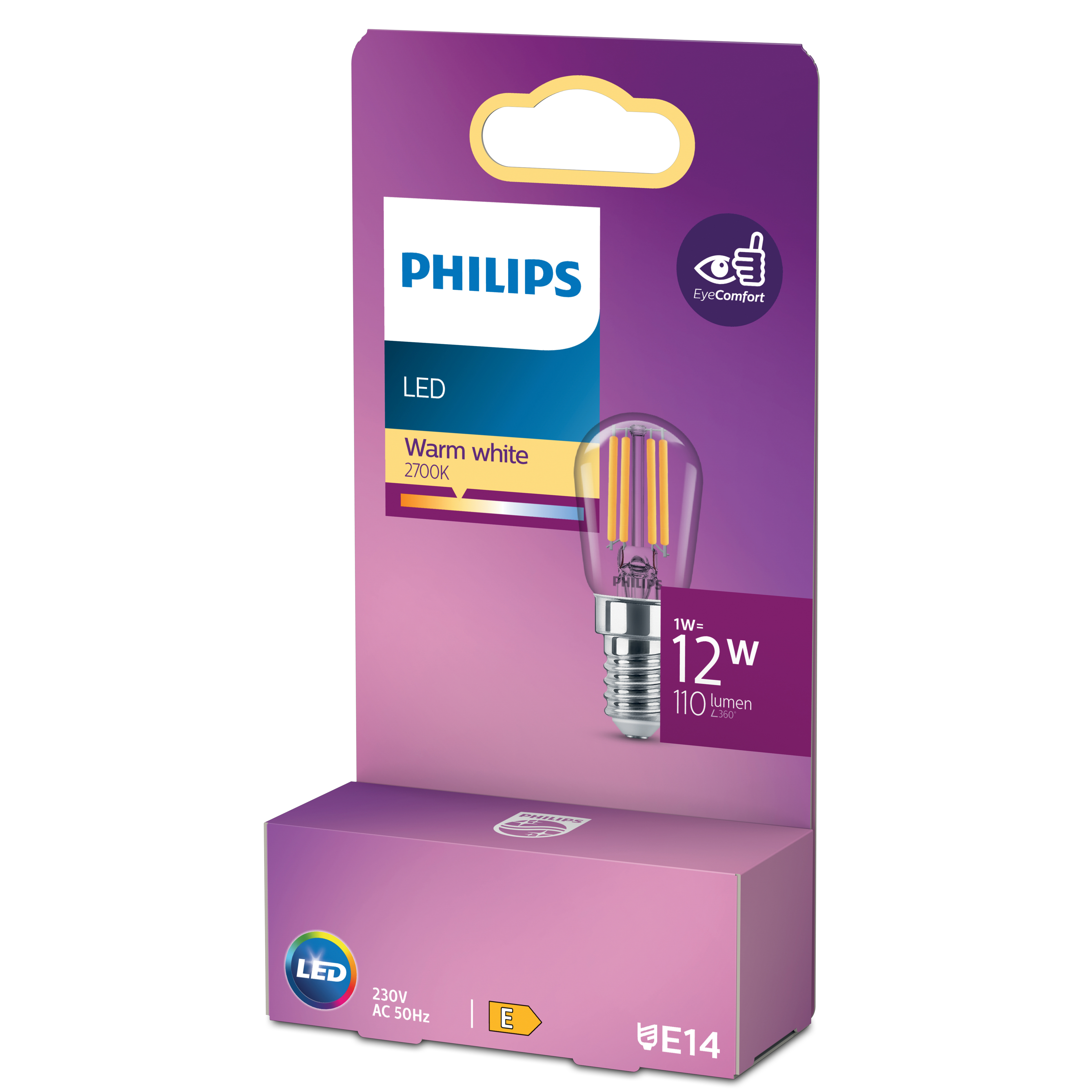 Philips LED-lamp in verpakking. Warm wit, 2700K, 1W, E14 fitting.