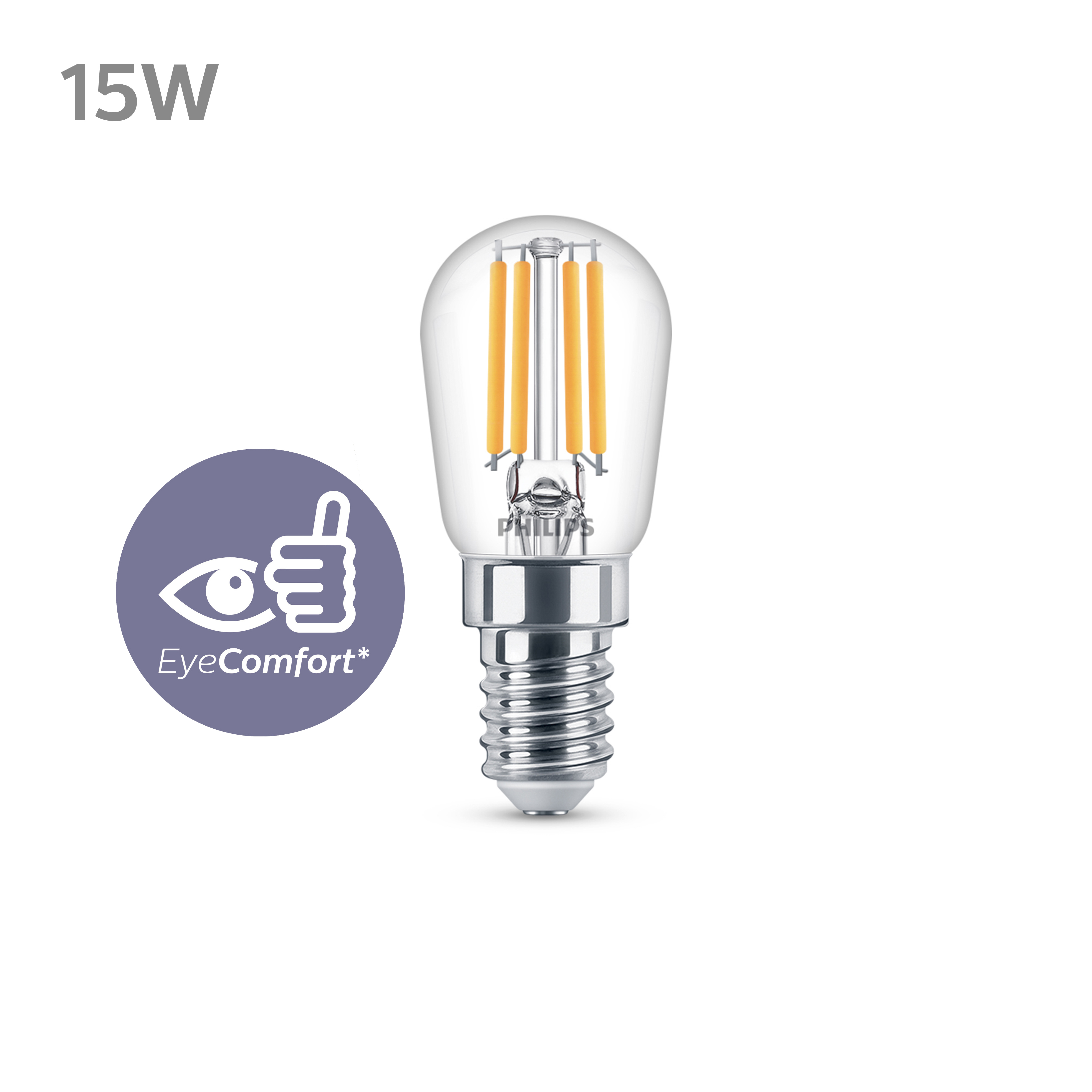 Philips EyeComfort-gloeilamp. Klein, met gele filamenten en een zilveren voet, en EyeComfort-symbool.