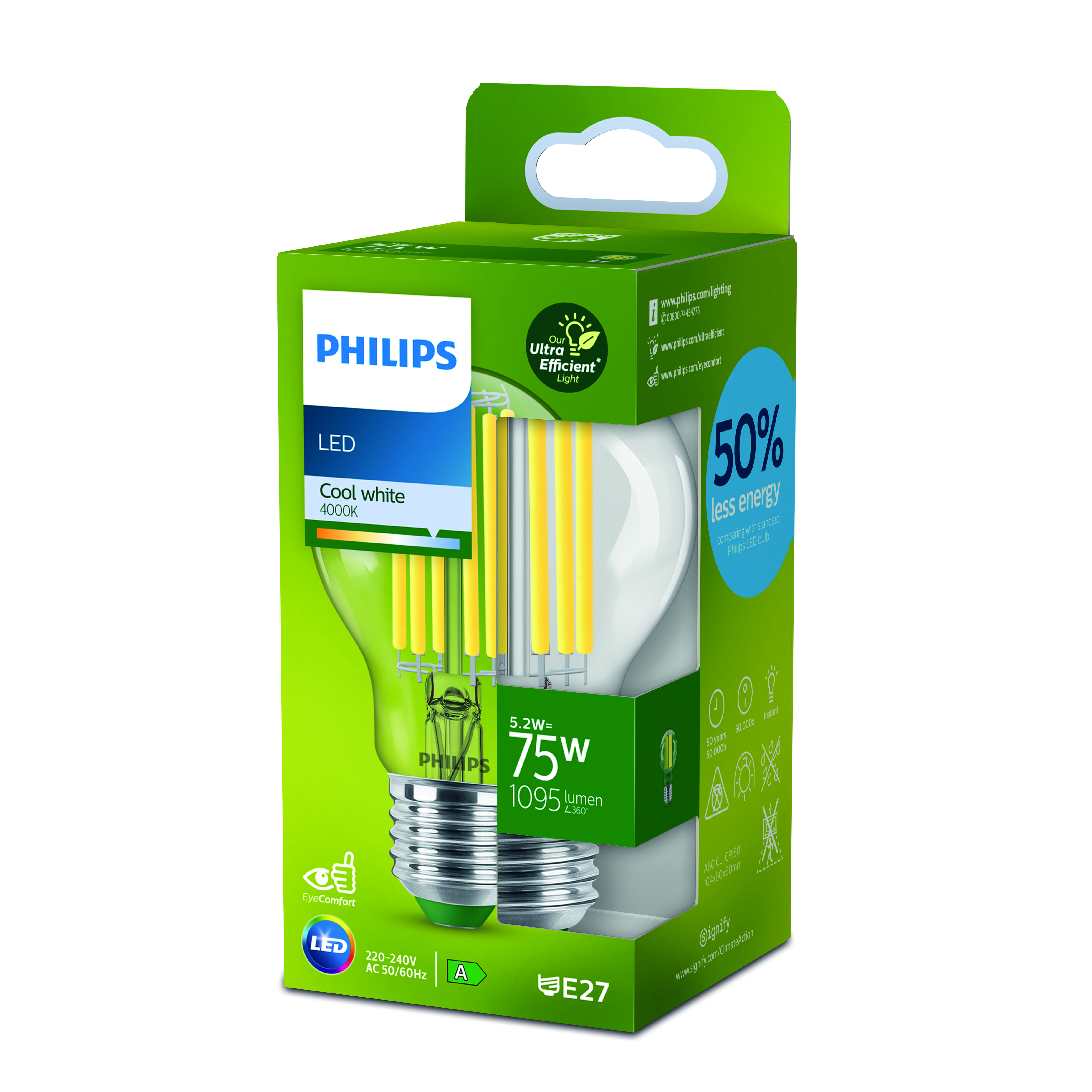 Een Philips LED-lampdoos, half geopend. Het toont de lamp, met specificaties en energiebesparingsclaims.