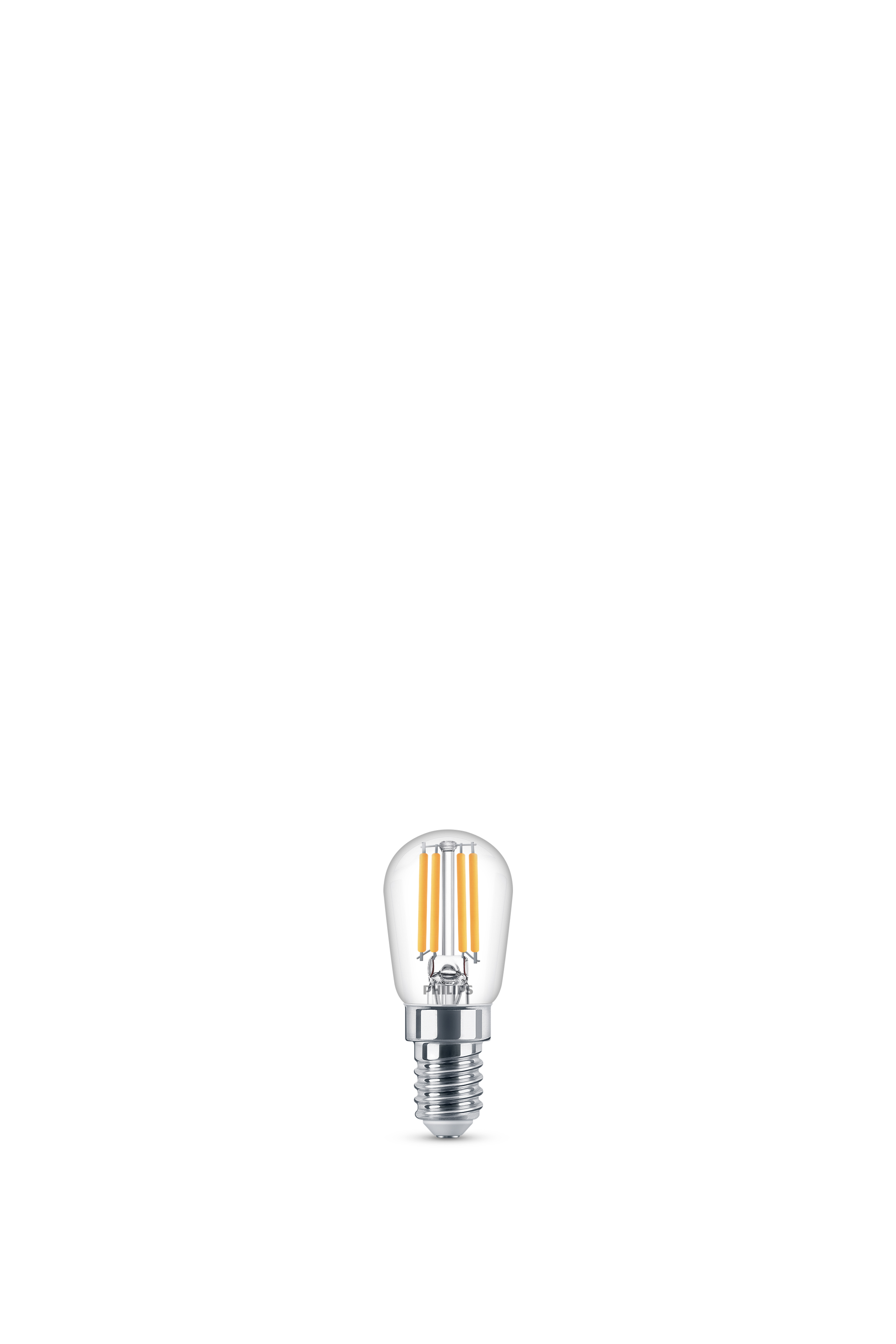 Een kleine lamp met helder glas en een oranje gloeidraad. De voet is zilver. De achtergrond is effen wit.