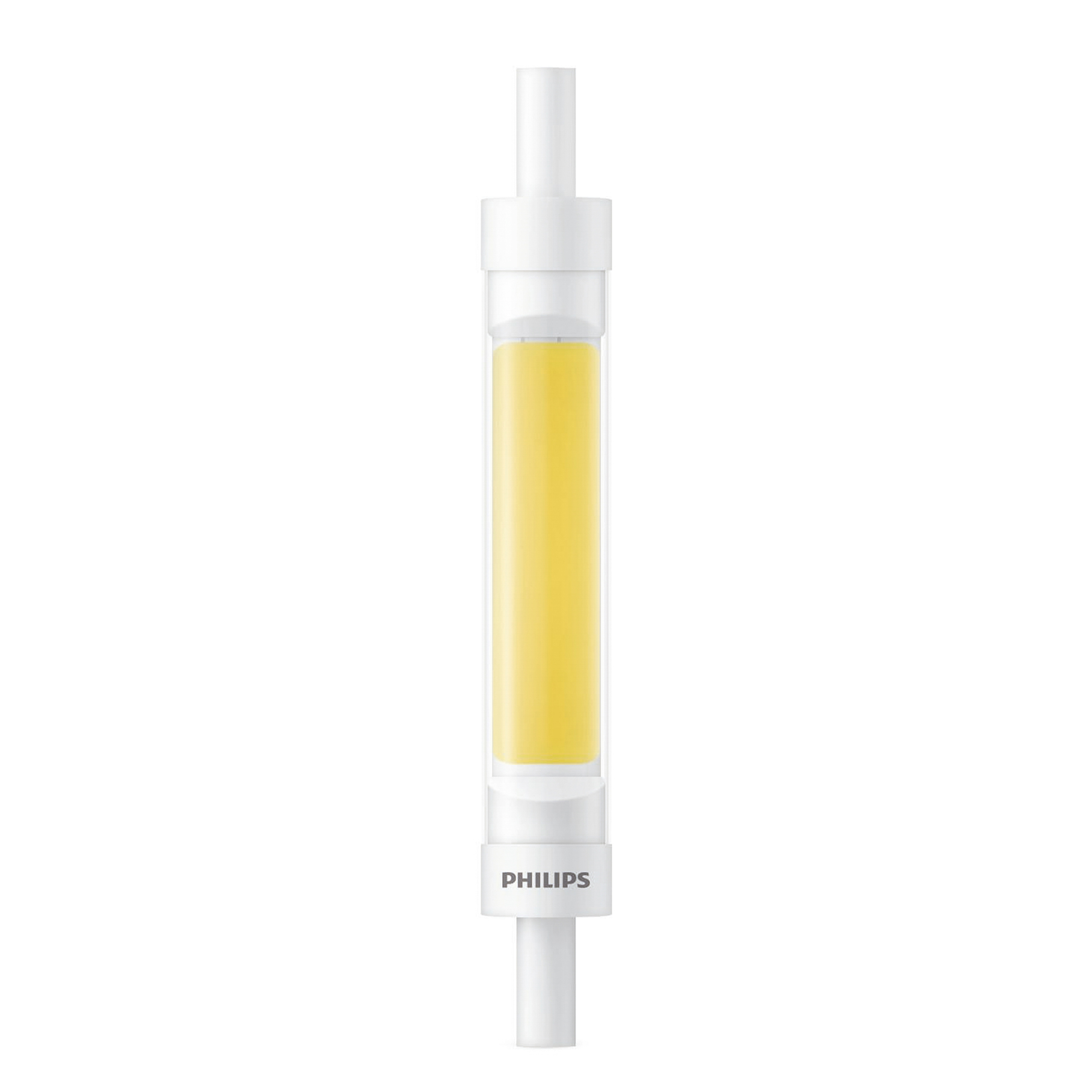 Une ampoule Philips. Une ampoule en forme de tube avec des filaments jaunes et un boîtier en plastique blanc.