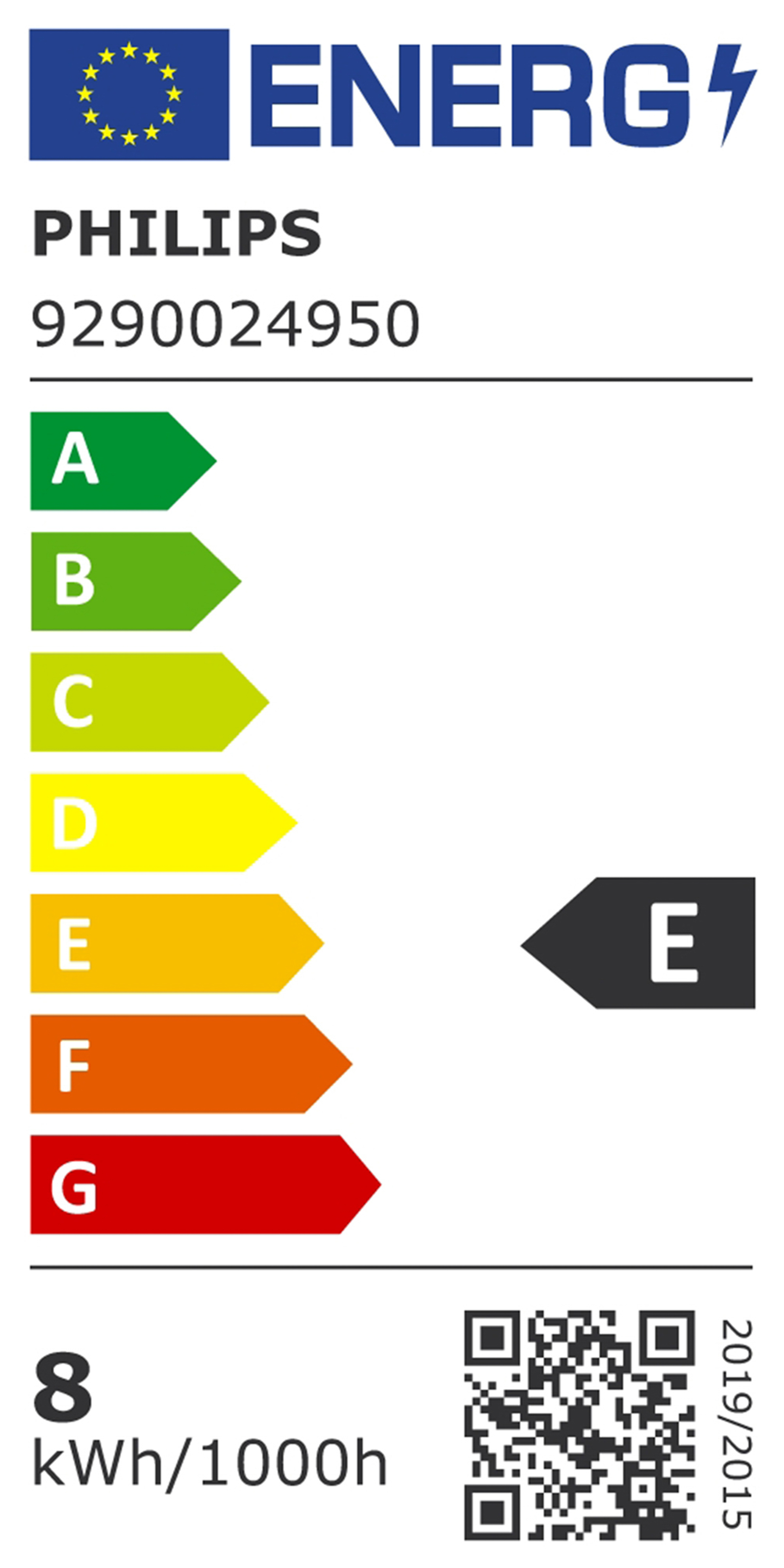 Étiquette d'efficacité énergétique. Affiche une classe énergétique E, avec échelle verte à rouge.