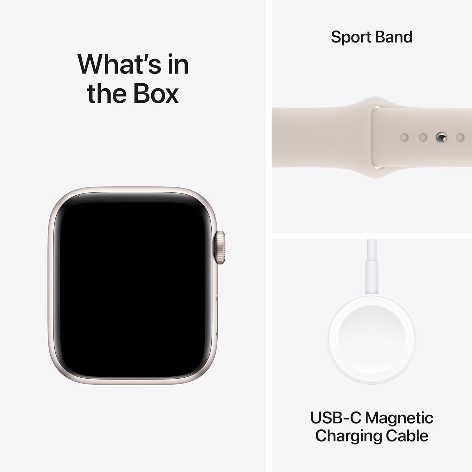 Eine Apple Watch, ein Sportarmband und ein Ladekabel werden mit Etiketten angezeigt. Das Zifferblatt ist schwarz.