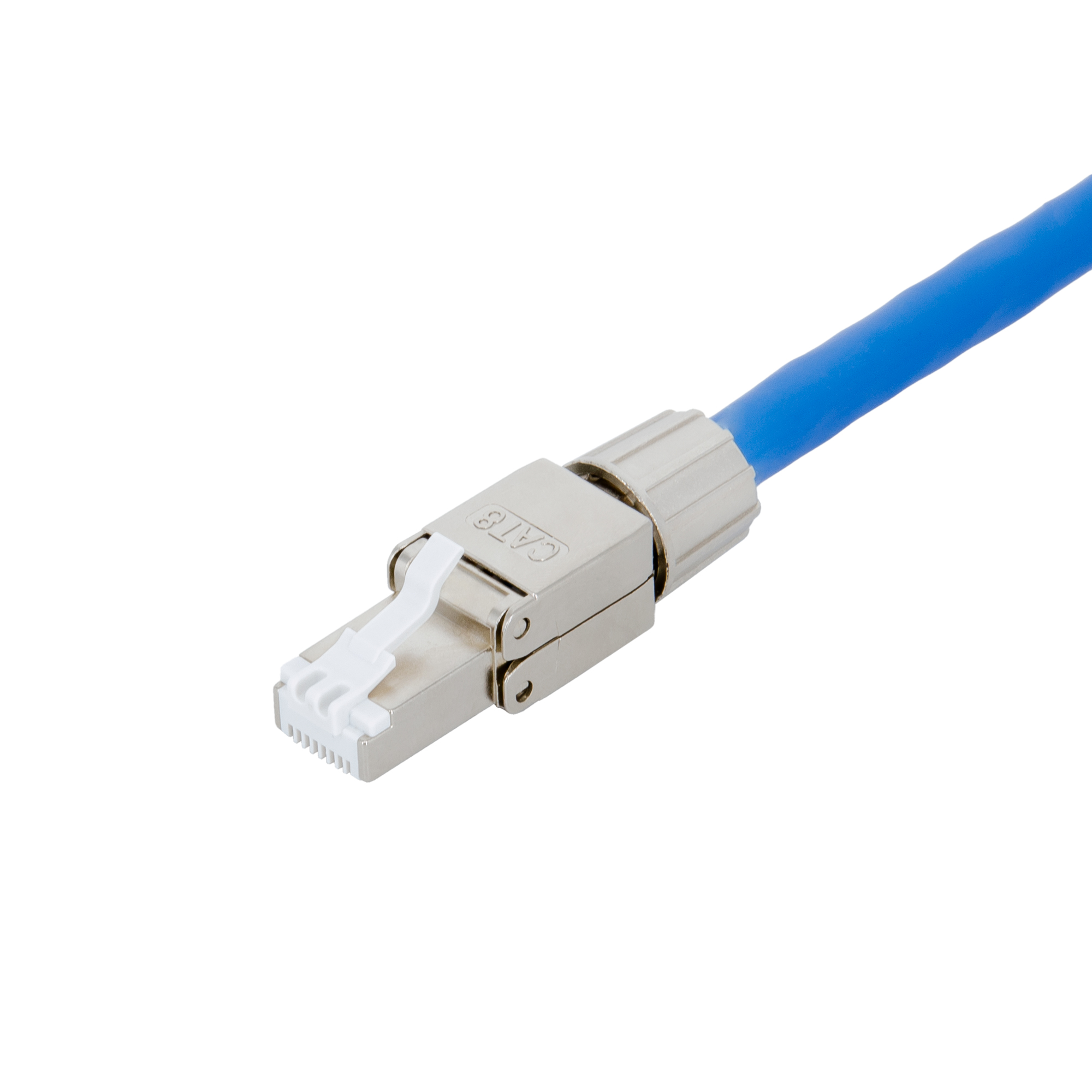 Blauer Ethernet-Kabelanschluss. Silberner Stecker. Weißer Hintergrund.