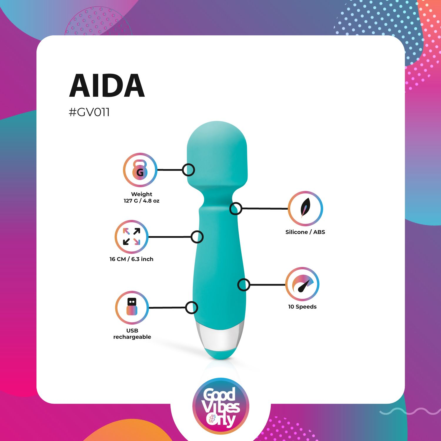 Ein türkisfarbener Vibrator mit Details zu Gewicht, Größe, Material und Geschwindigkeit. Er ist per USB aufladbar. Der Produktname ist AIDA.