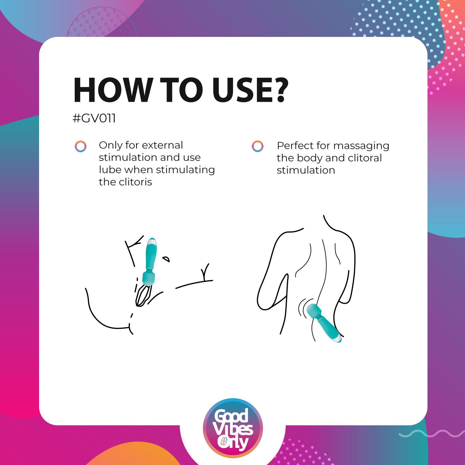 Das Bild zeigt Anweisungen mit Illustrationen und Text. Es beschreibt, wie man einen Vibrator zur Klitoris- und Körperstimulation verwendet.