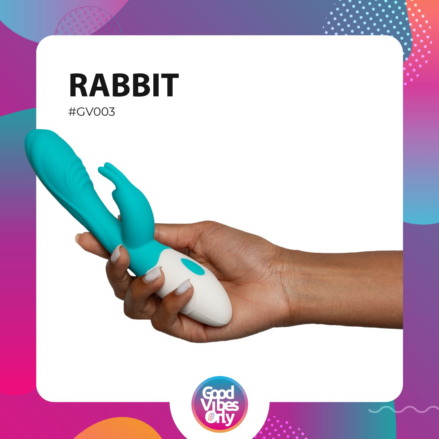 Eine Person hält einen türkis-weißen Rabbit-Vibrator. Der Hintergrund hat farbige Formen.