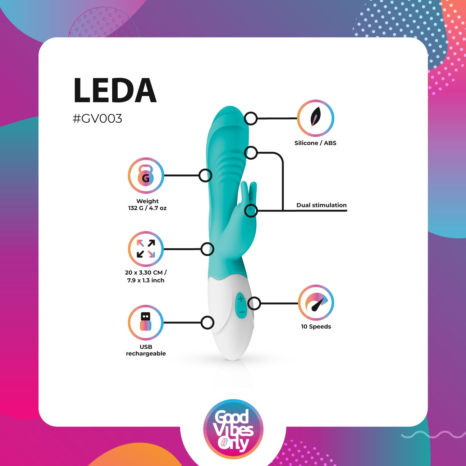 Türkis-weißer Vibrator mit Produktdetails. Text: LEDA, 132g, 10 Geschwindigkeiten.