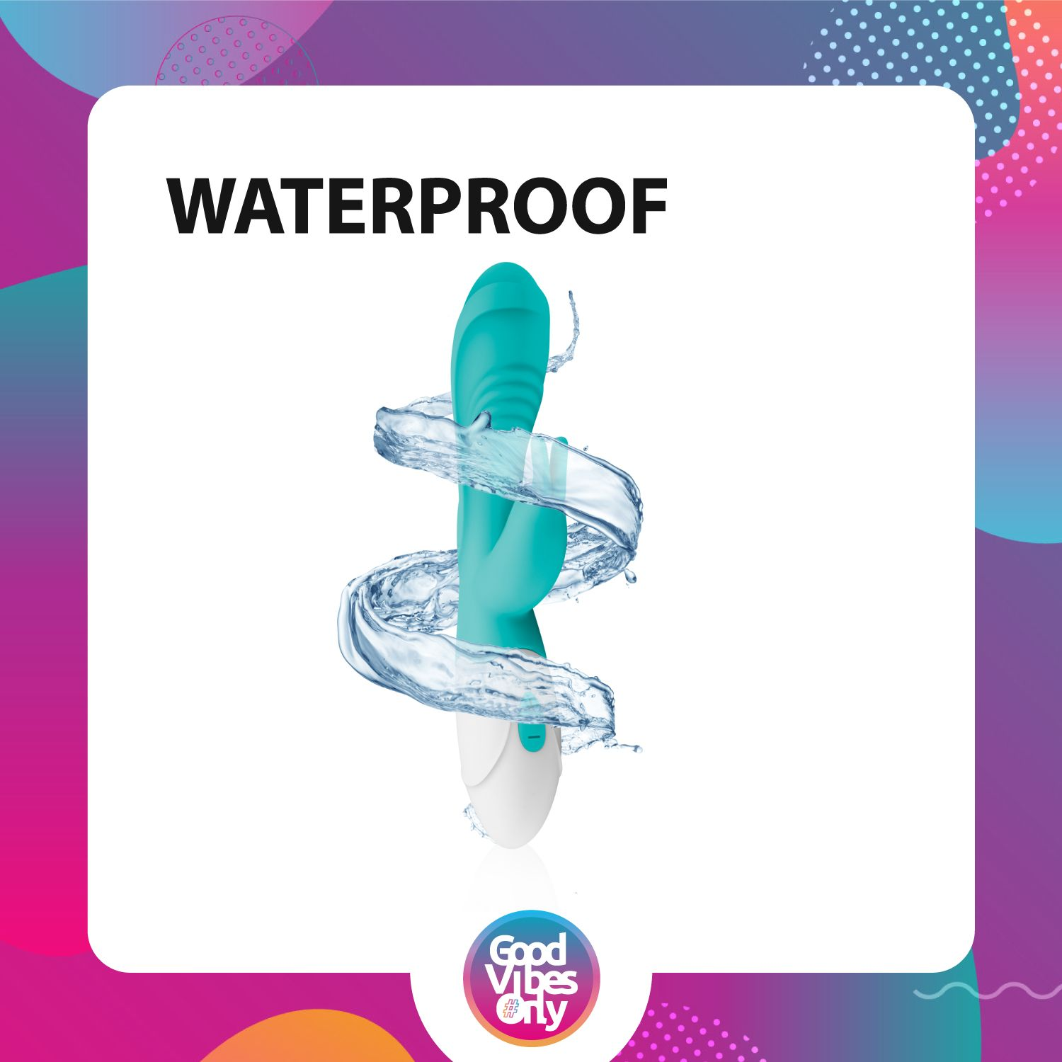 Ein türkisfarbener wasserdichter Vibrator mit Wasser, das um ihn herum spritzt, vor rosa Hintergrund.