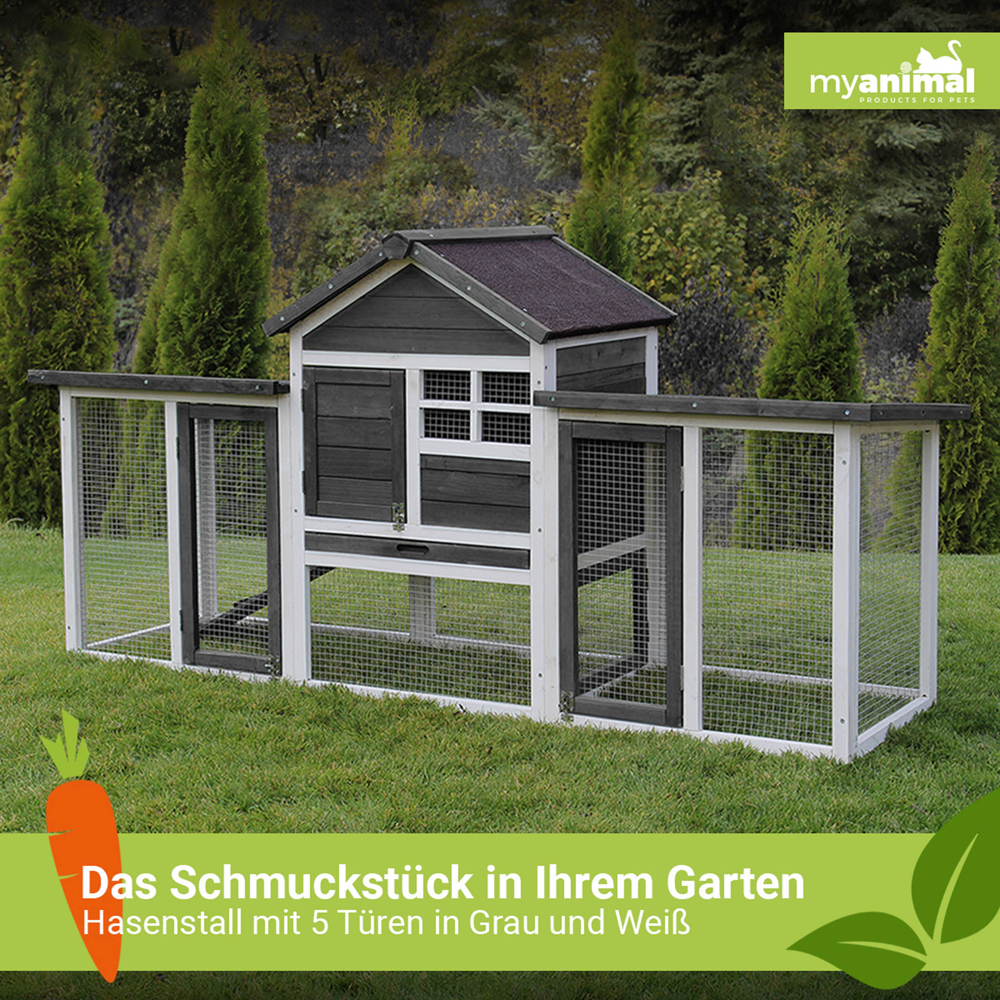 Hühnerstall im Garten. Grau und weiß, mit Karotte und Text-Overlay.