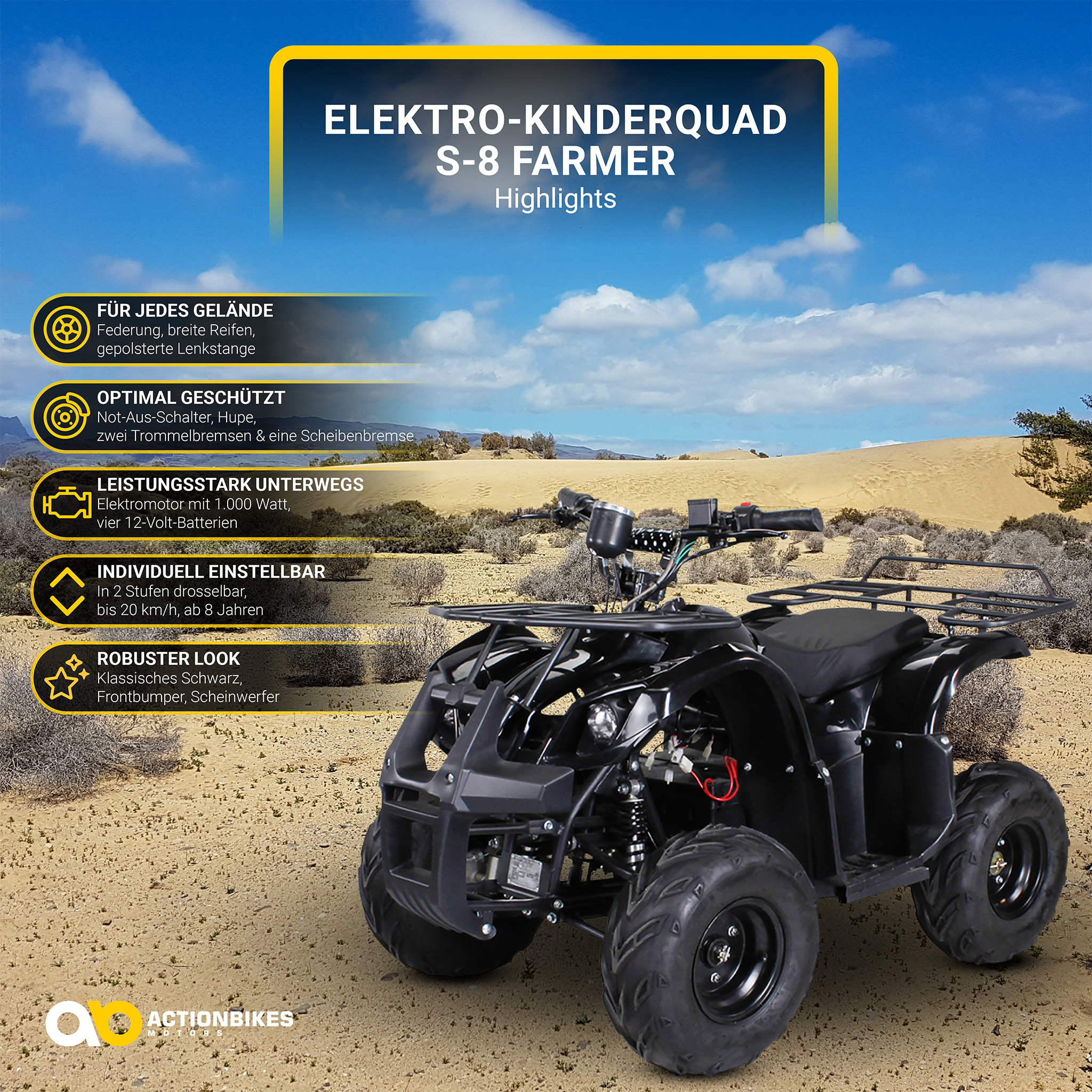 Schwarzes Quadbike auf Wüstenboden. Bild zeigt die Funktionen und Spezifikationen des Quadbikes.