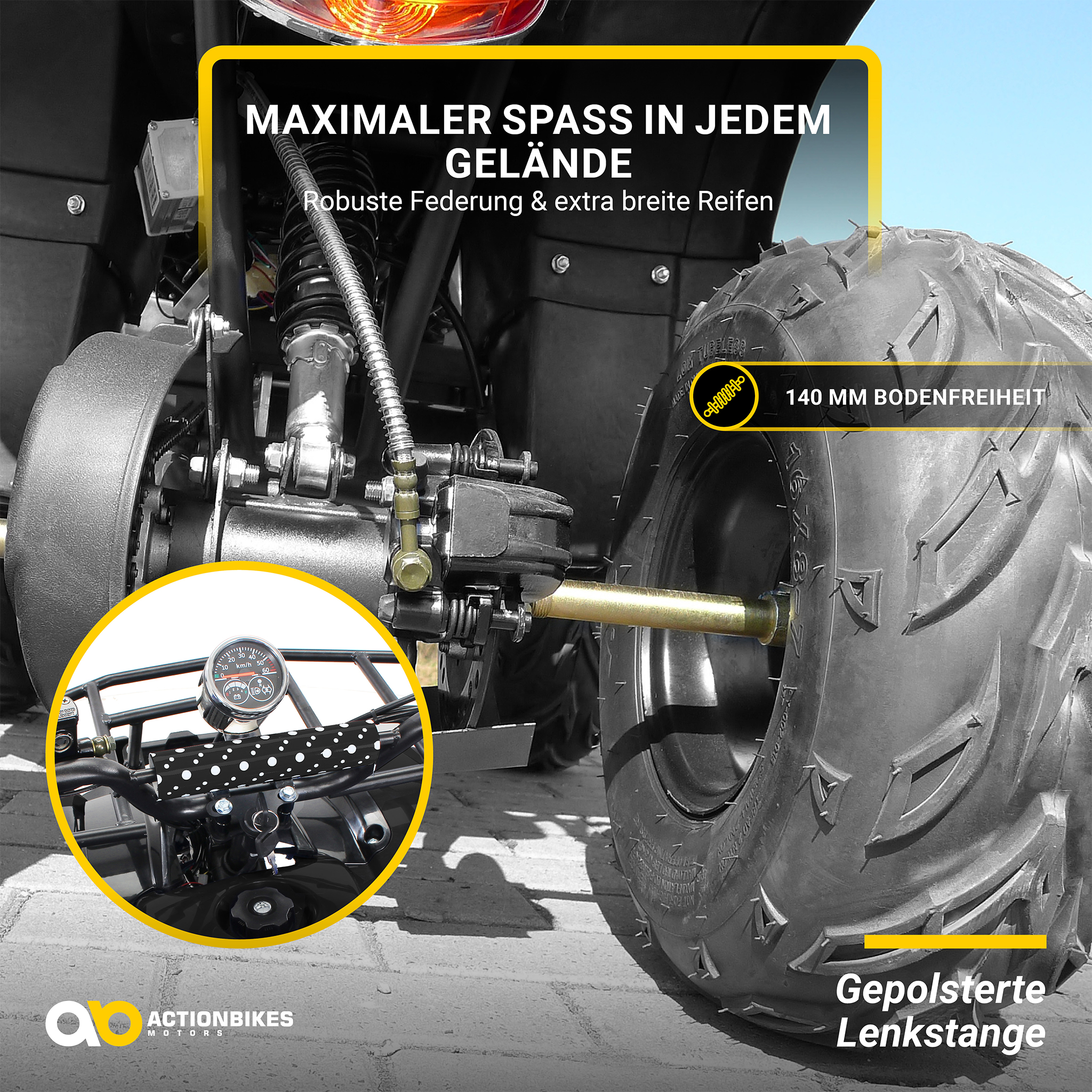 Nahaufnahme eines ATV-Rads und Lenkers. Text auf Deutsch: Maximaler Spaß in jedem Gelände.