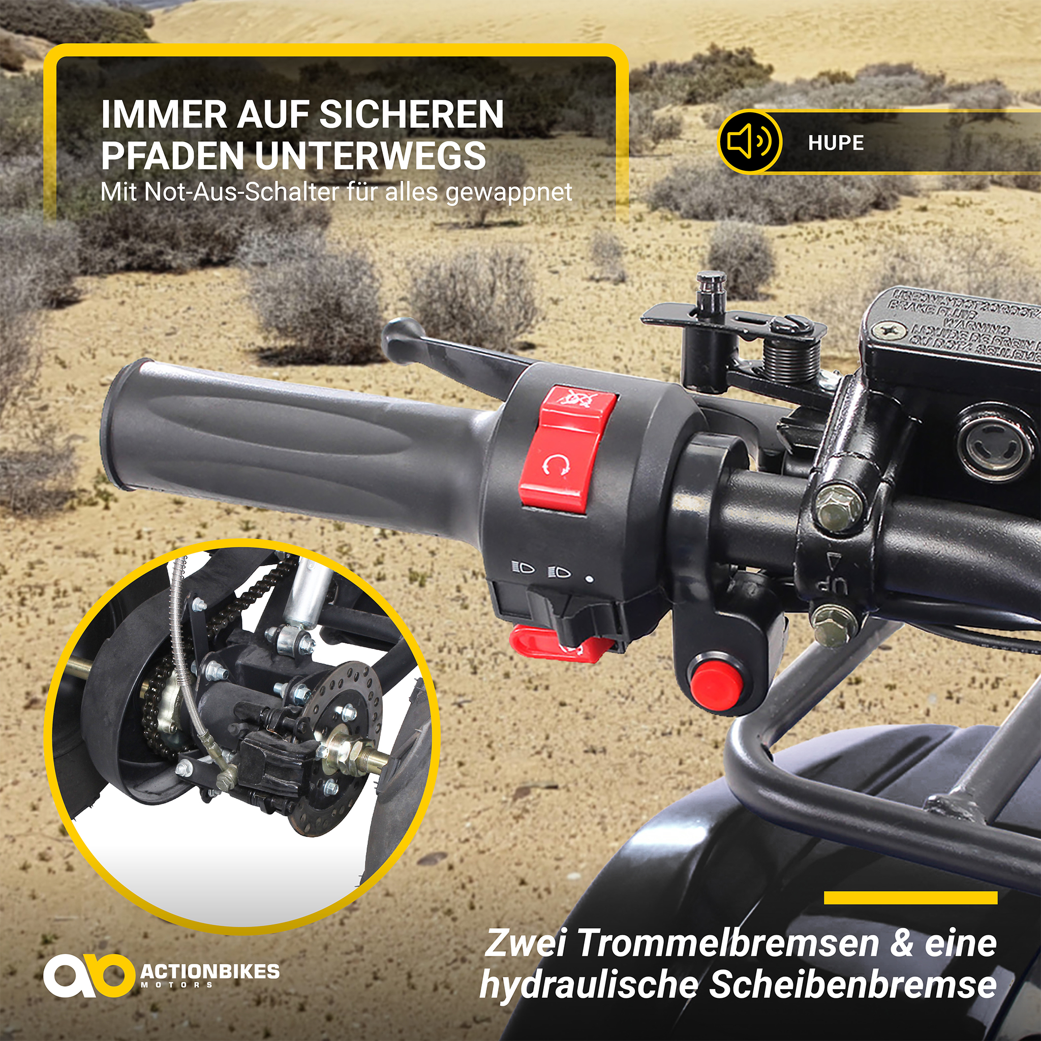 Nahaufnahme eines ATV-Lenkers, roter Knopf und detaillierte Ansicht des Rades.