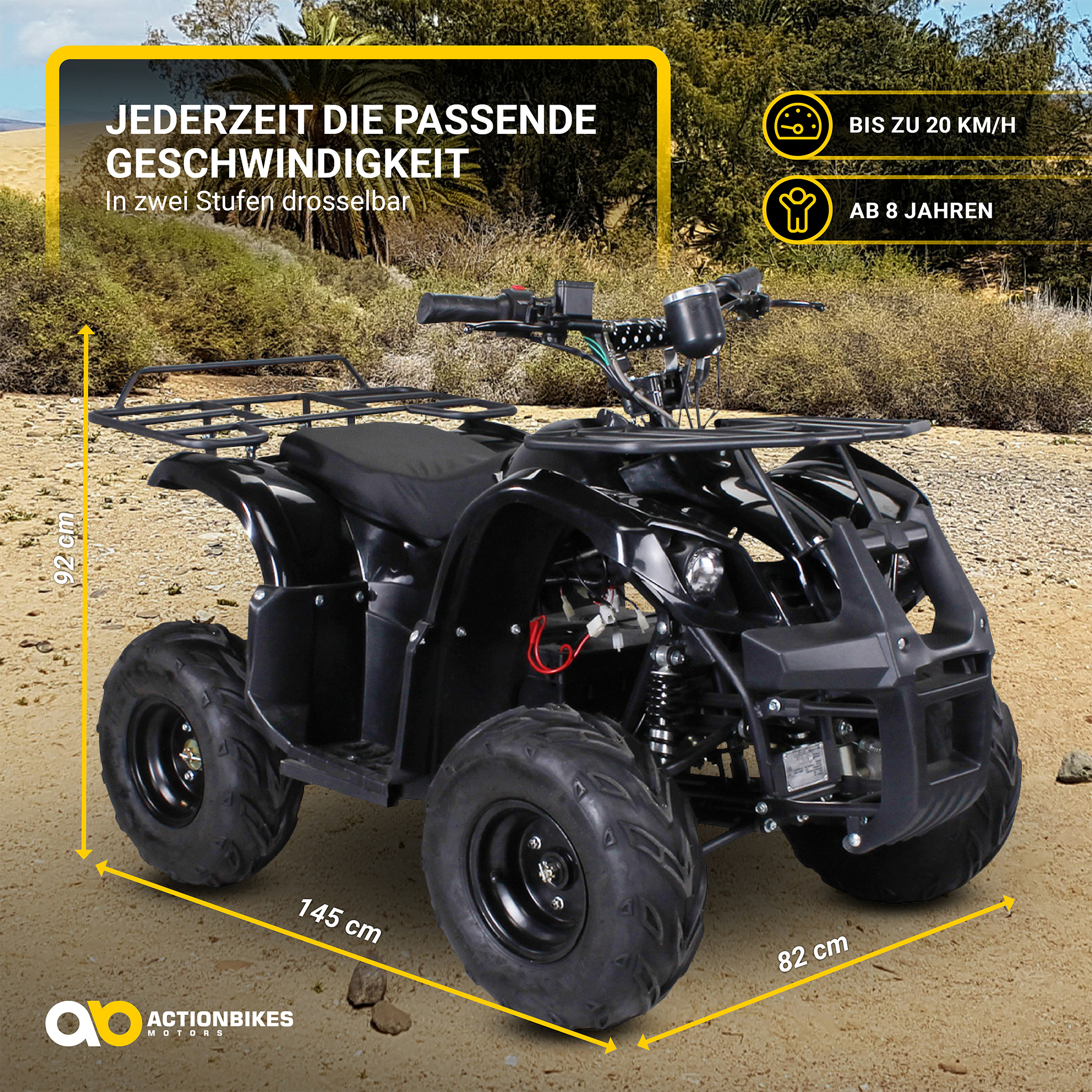 Schwarzes ATV auf Sand. Text: 'Jederzeit die passende Geschwindigkeit' und Abmessungen in cm.