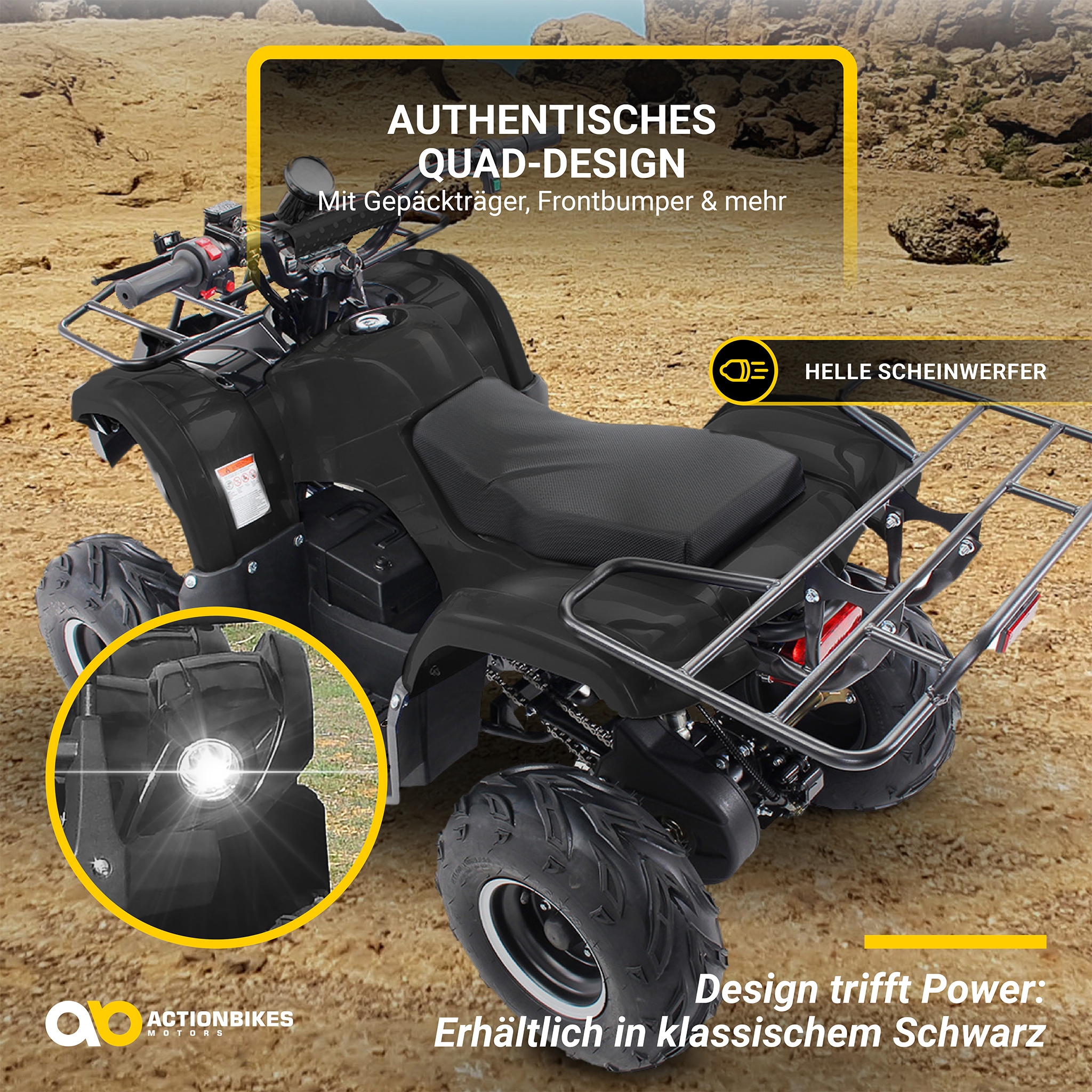 Schwarzes Quad auf Sand mit Text. Enthält Scheinwerfer und Gepäckträger.