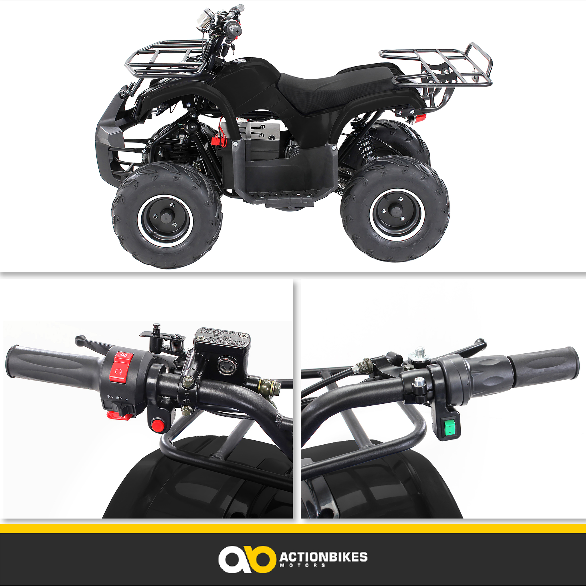 Schwarzes ATV-Quad-Bike mit zwei Ansichten: oben und Lenker.