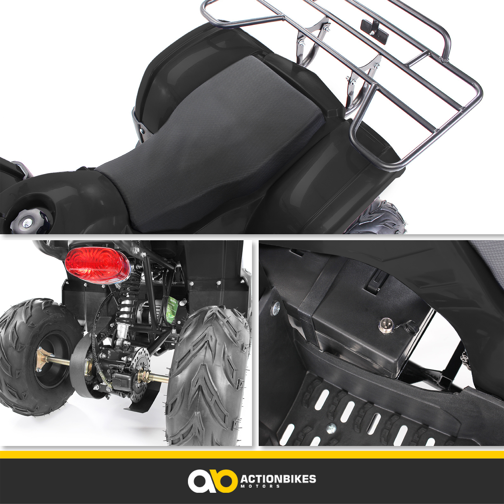 Nahaufnahme eines schwarzen ATVs, die Sitz, Gepäckträger, Hinterrad und Actionbikes-Logo zeigt.