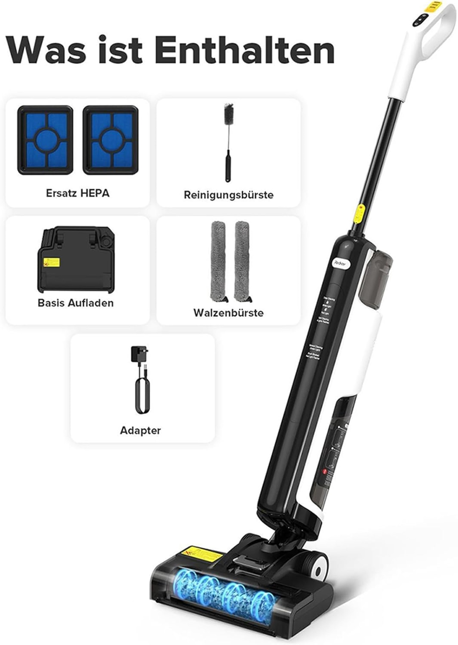 Imagen que muestra piezas de un dispositivo de limpieza. Las piezas incluyen filtros, cepillos y un adaptador.
