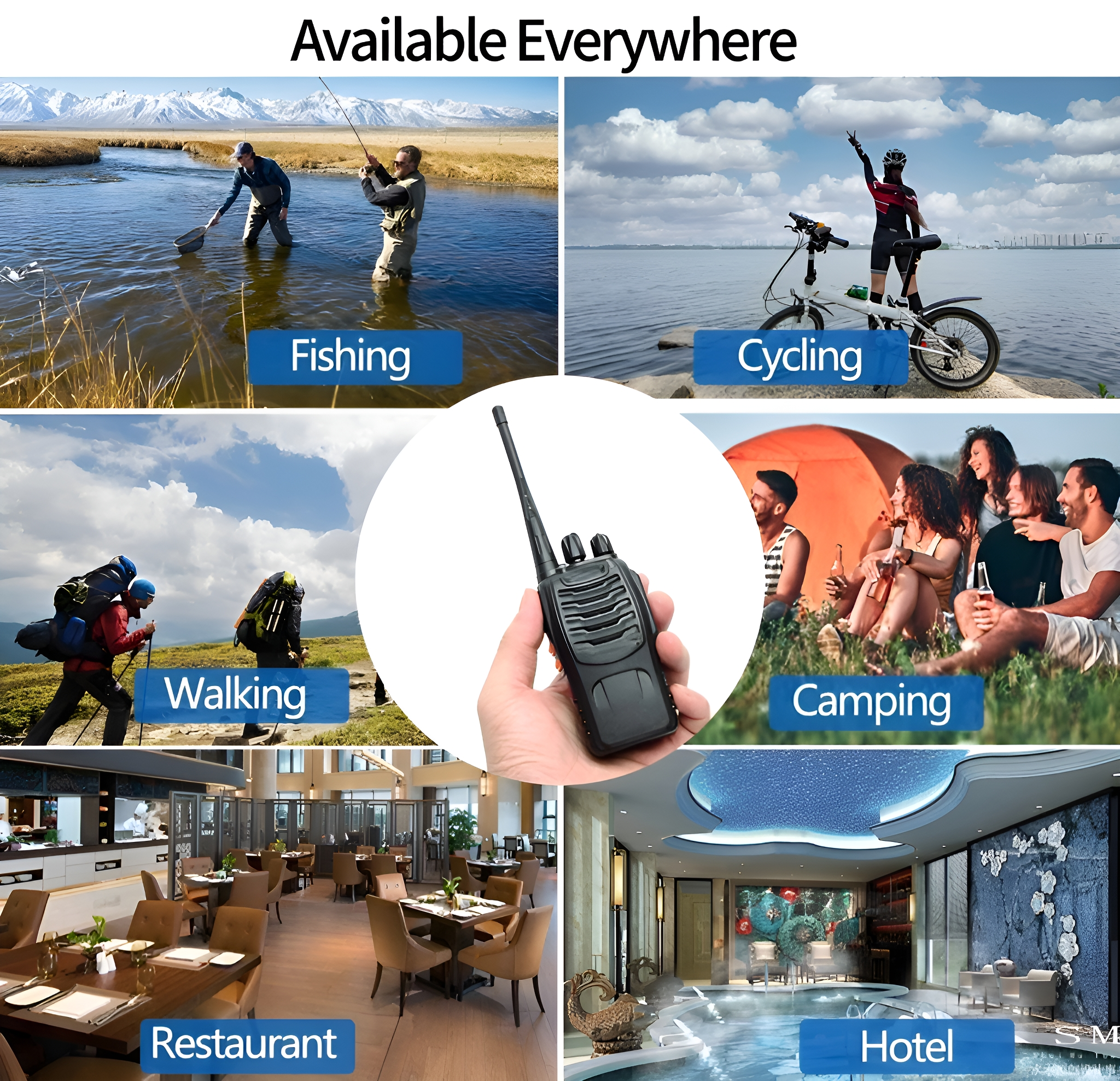 Bildcollage mit Angeln, Radfahren, Wandern, Camping, Restaurant und Hotelaktivitäten.